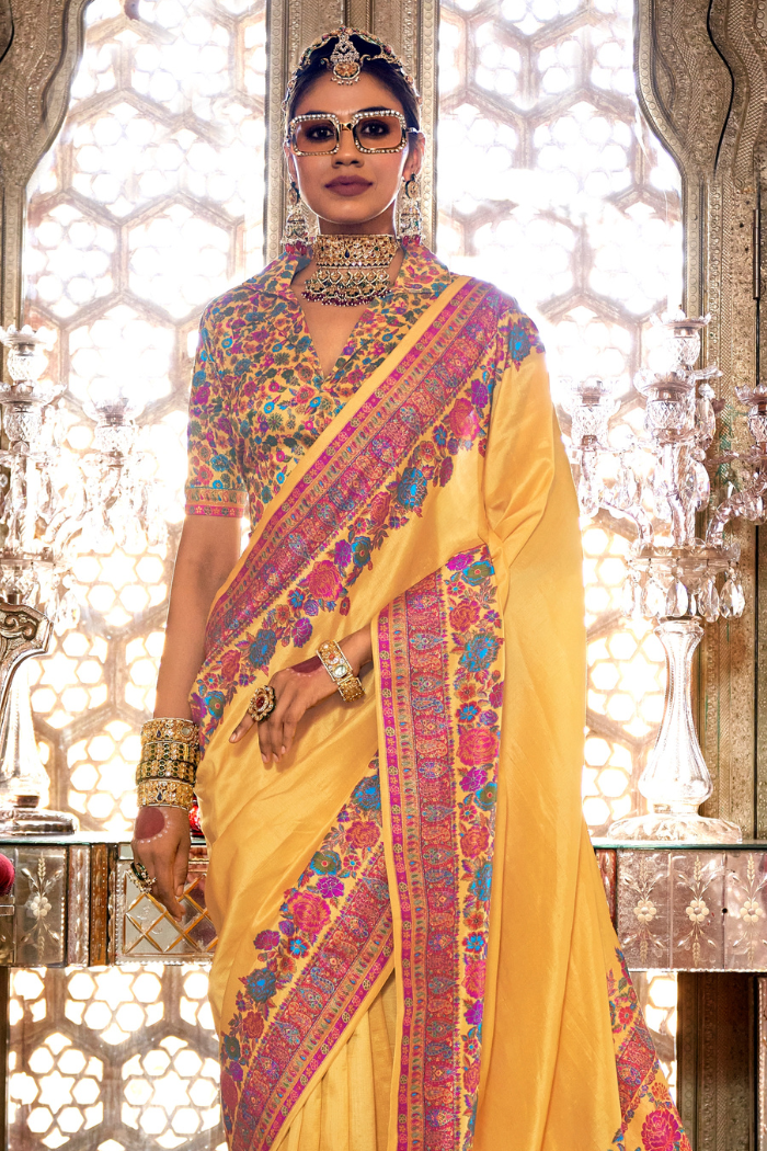 Saffron Mango Yellow Printed Banarasi Saree