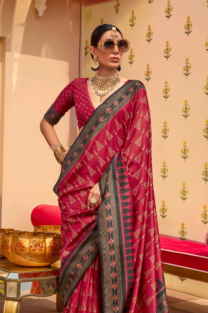 French Maroon Printed Banarasi Soft Silk Saree