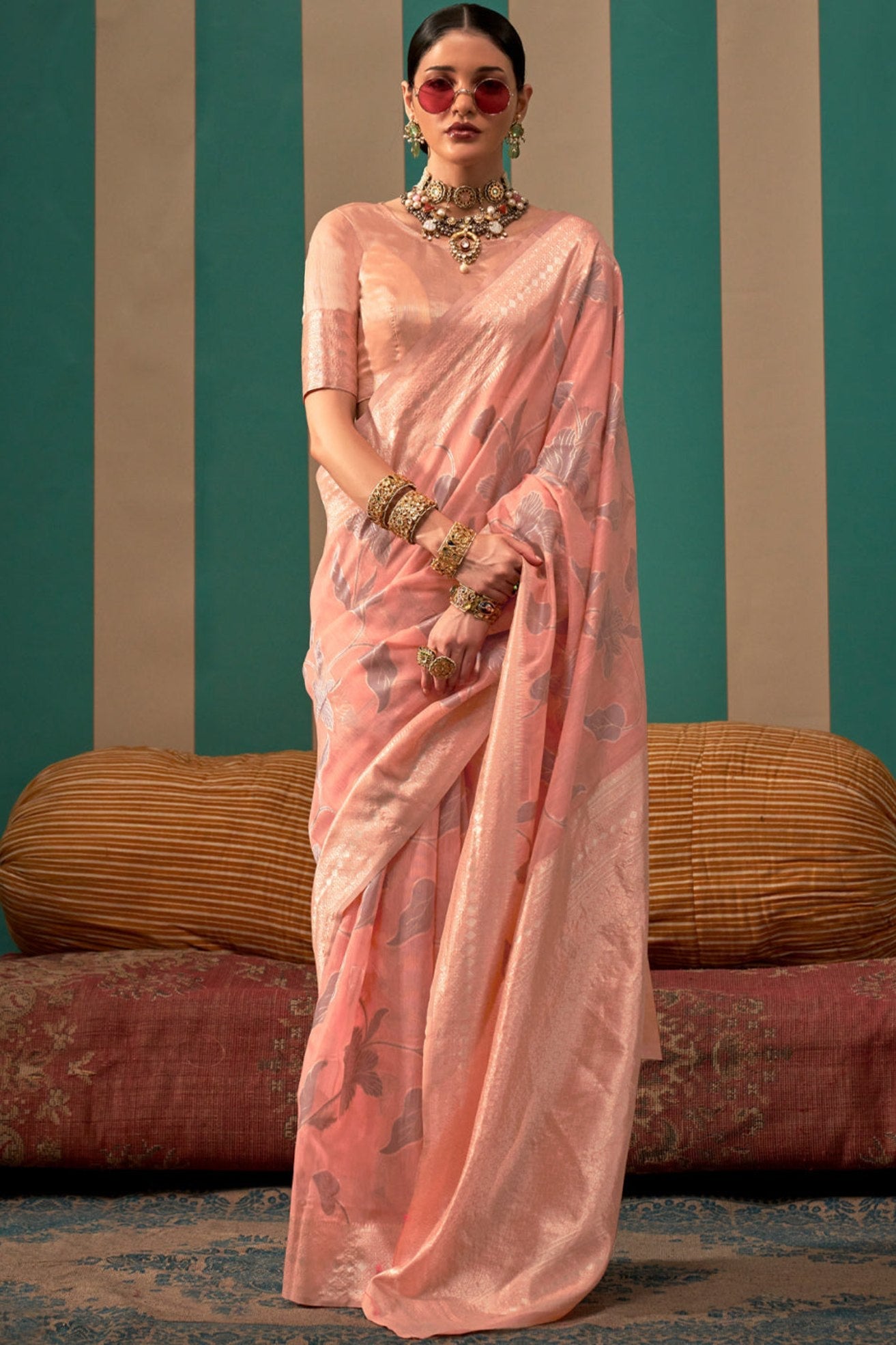 Tonys Peach Woven Banarasi Linen Saree