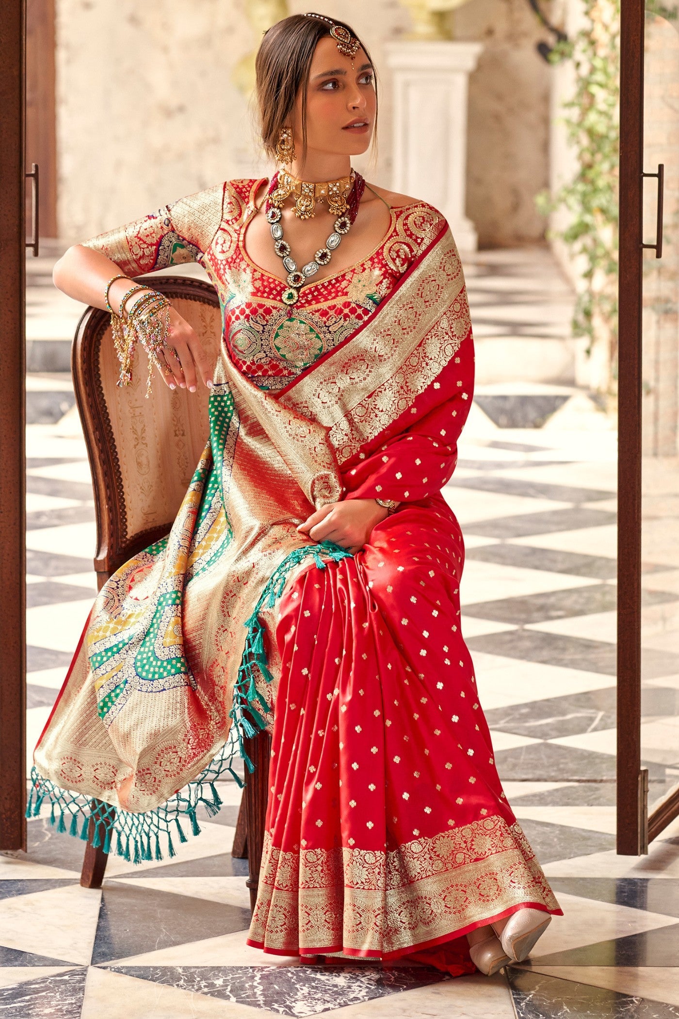 Roman Red Woven Banarasi Soft Silk Saree