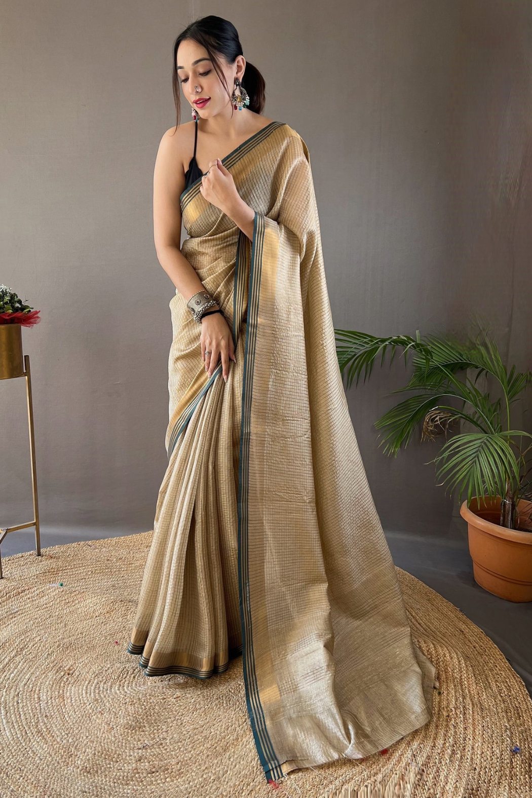 Domino Cream Organza Woven Saree