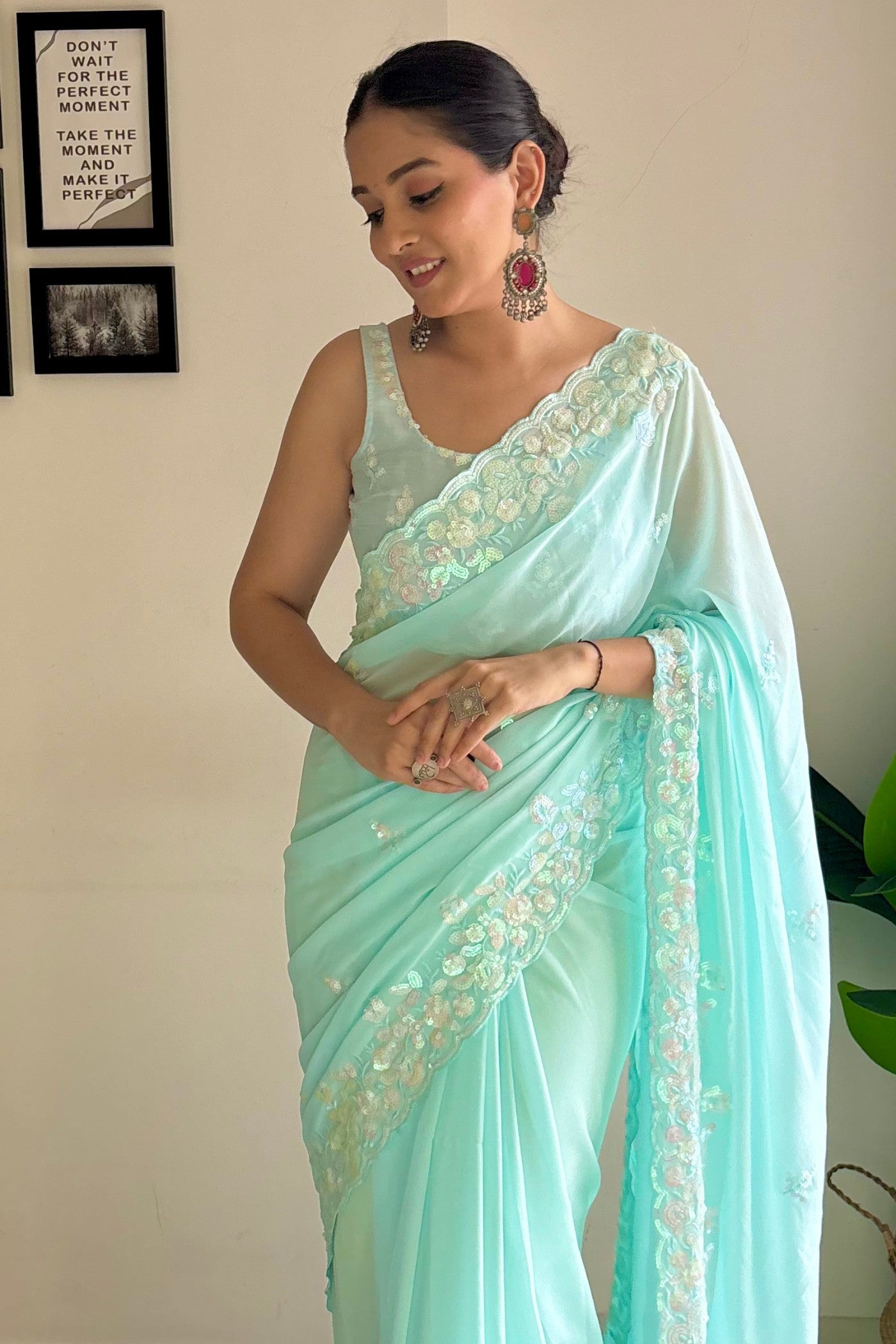 Morning Glory Blue Embroidery Georgette saree