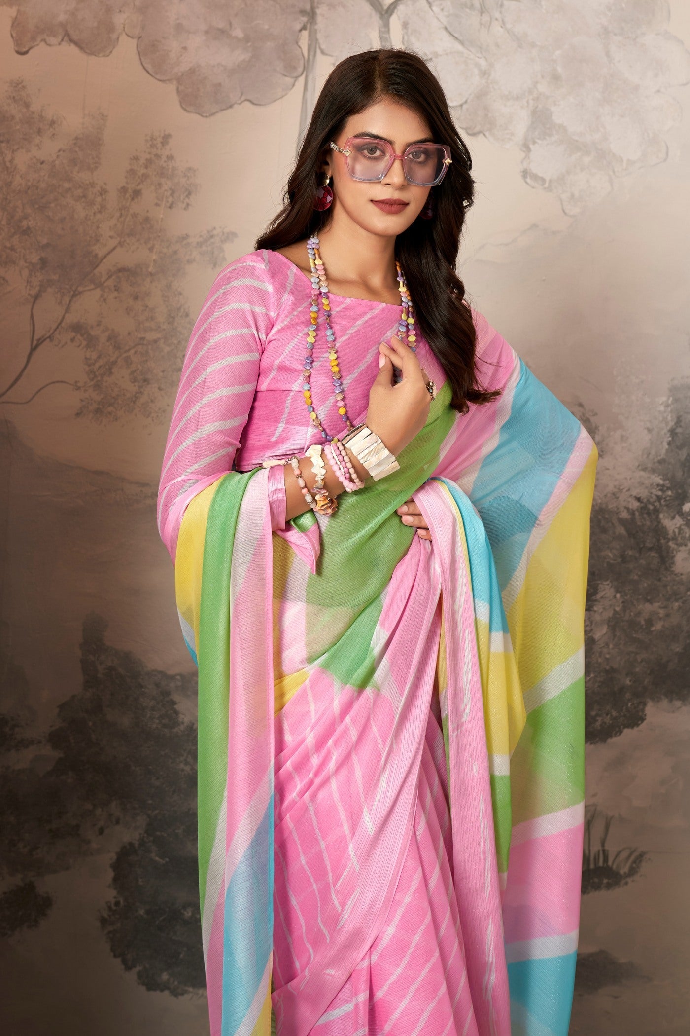 Cherry Blossom Pink Printed Satin Silk Saree