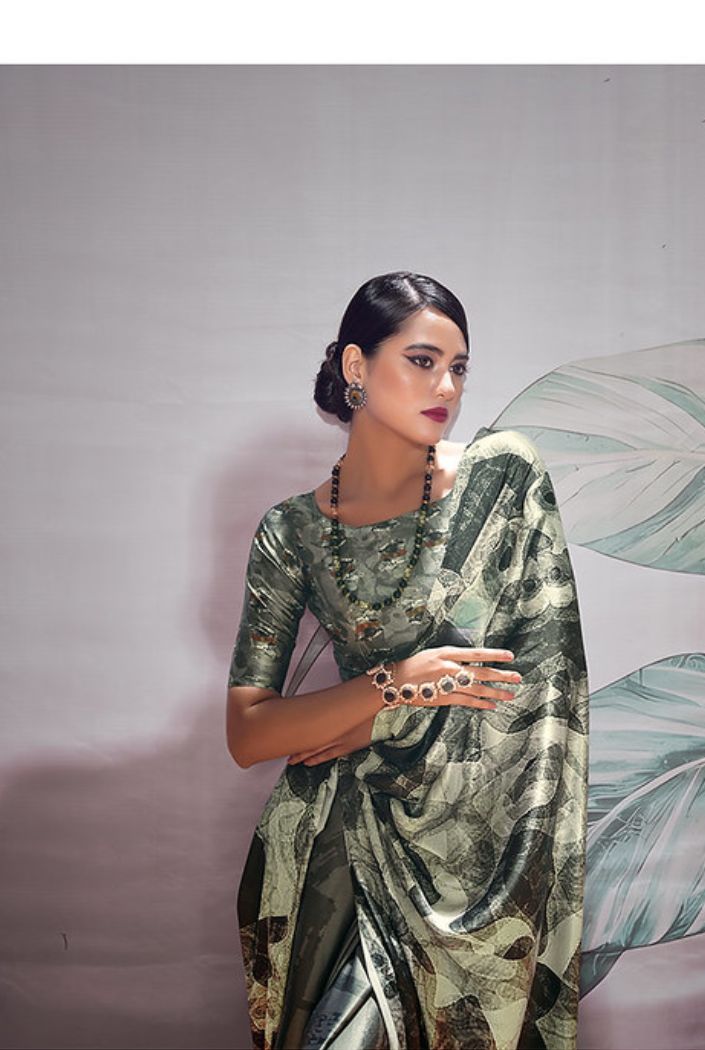 Armadillo Green Printed Satin Silk Saree