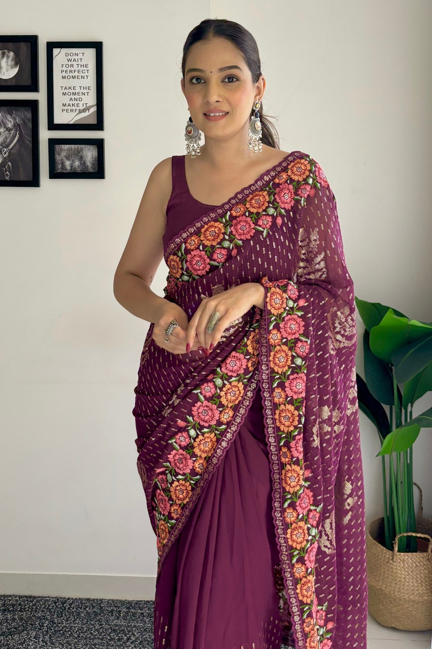 Wine Purple Embroidery Designer Georgette Saree