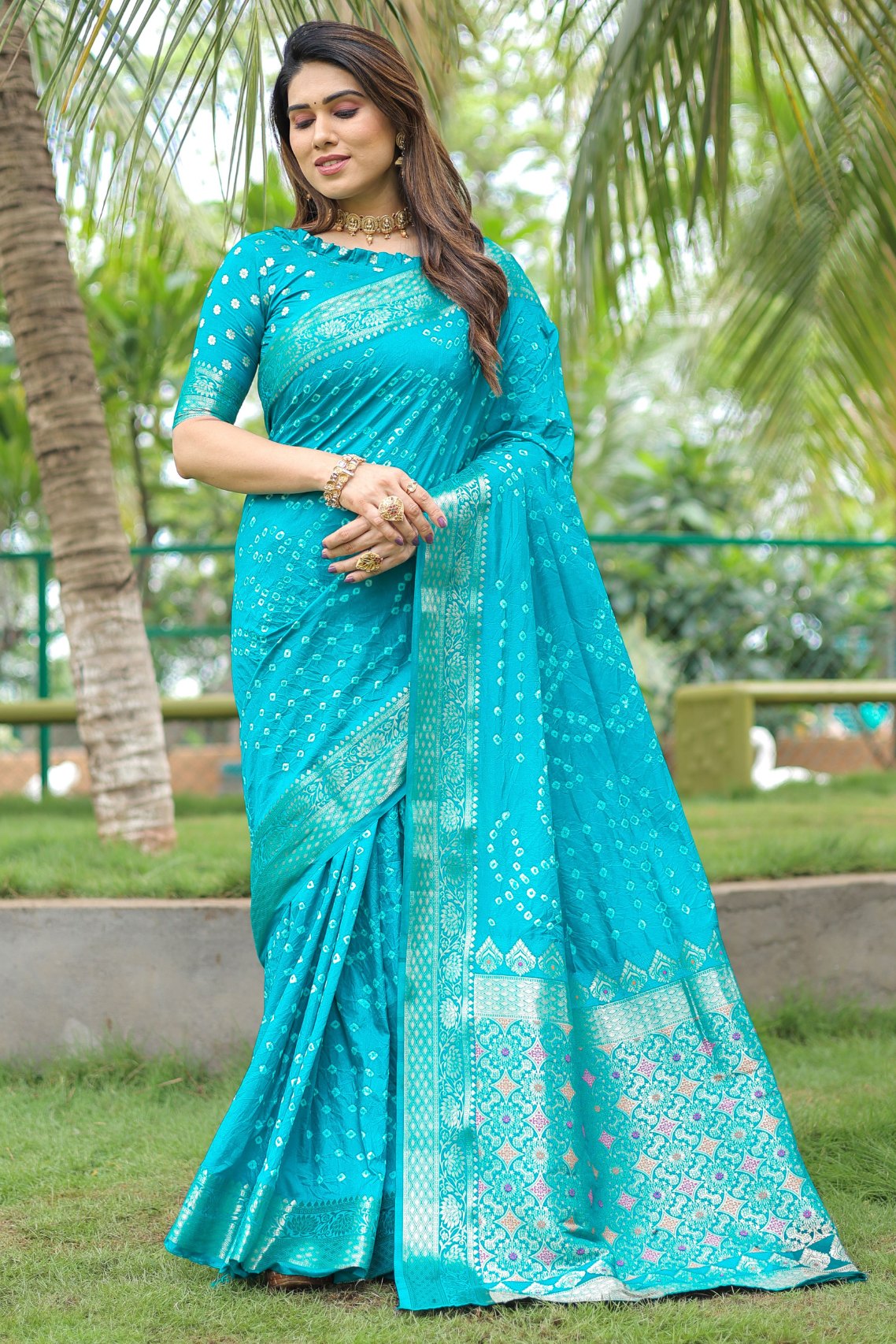 Bright Turquoise Blue Bandhani Dola Silk Saree