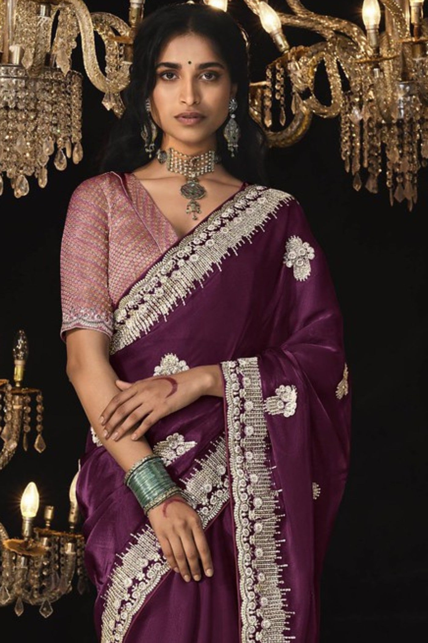 Boysenberry Purple Tissue Embroidered Designer Saree