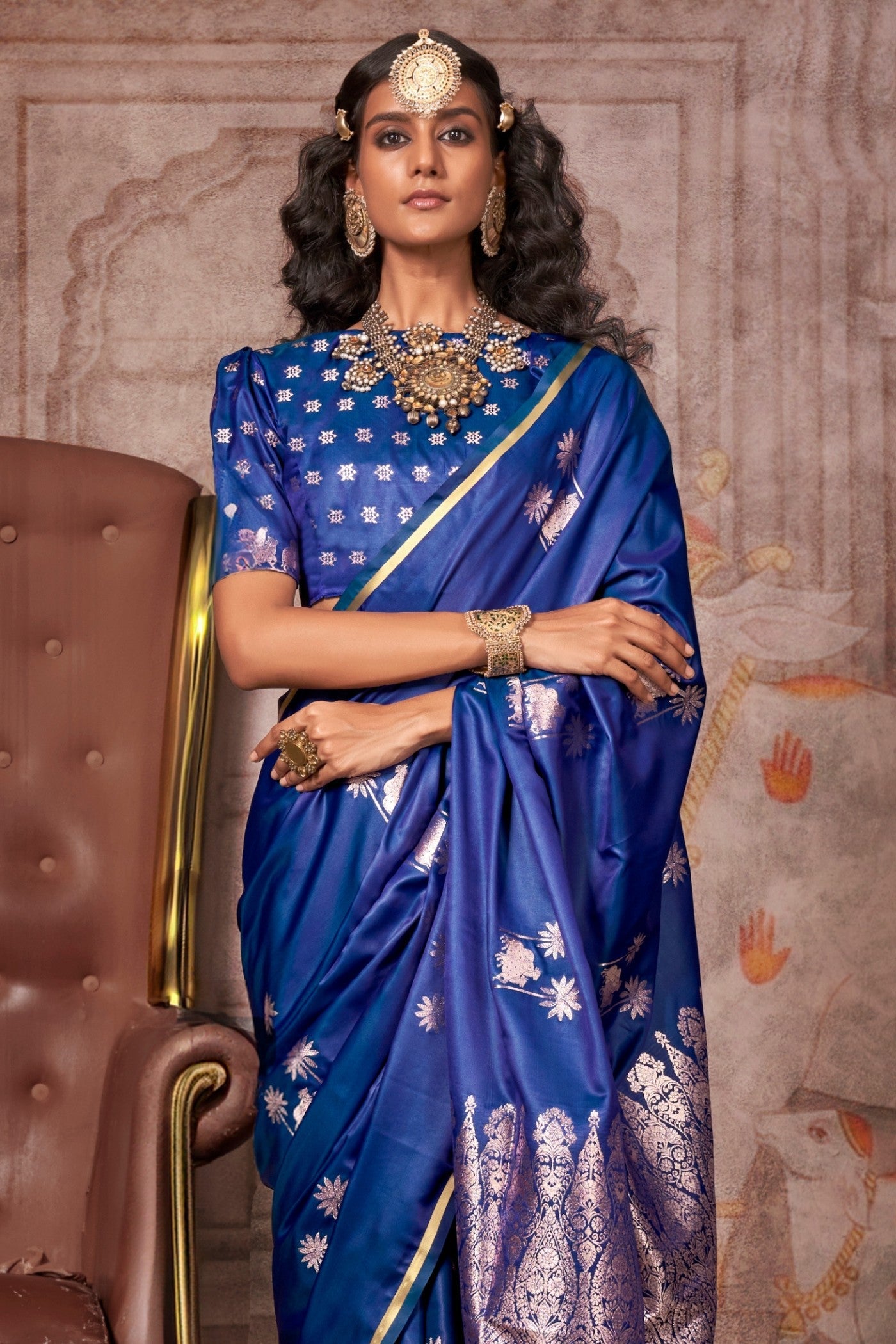 Azure Blue Banarasi Pichwai Satin Saree