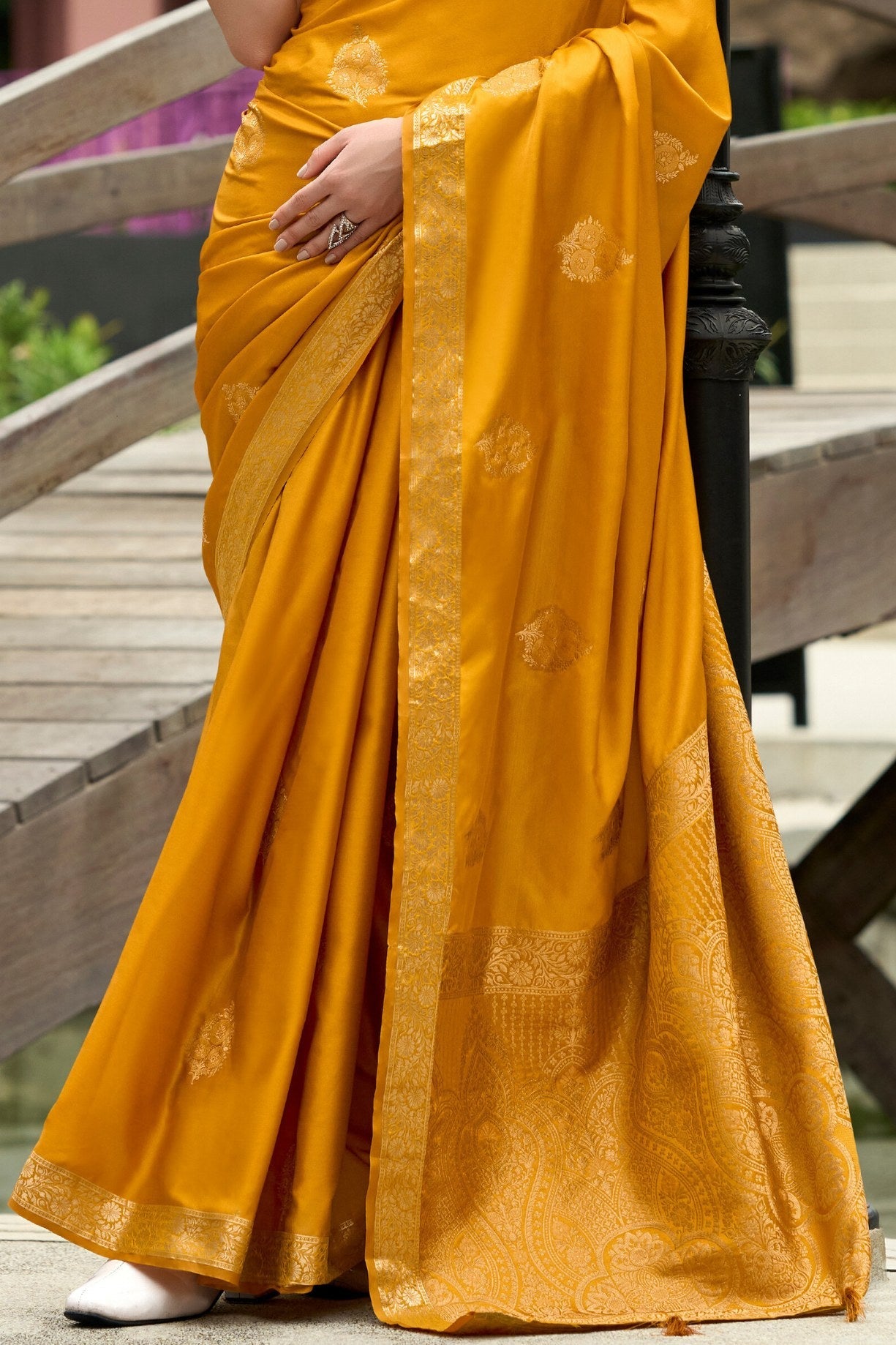 Brandy Punch Yellow Banarasi Handloom Satin Saree