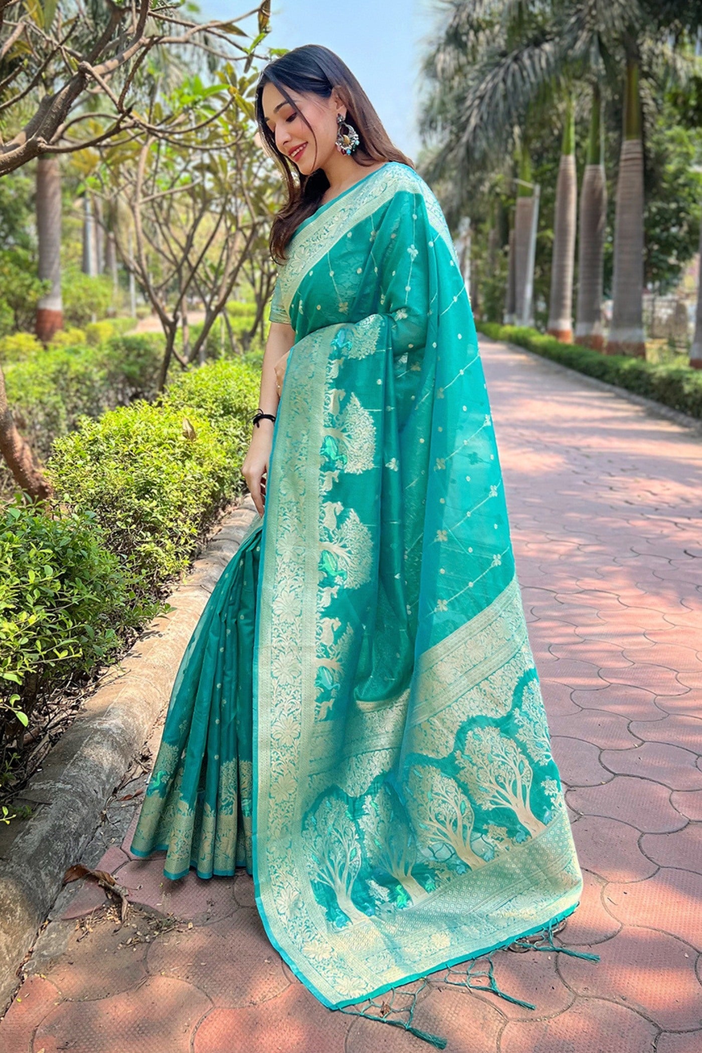 Roma Green Zari Woven Organza Saree