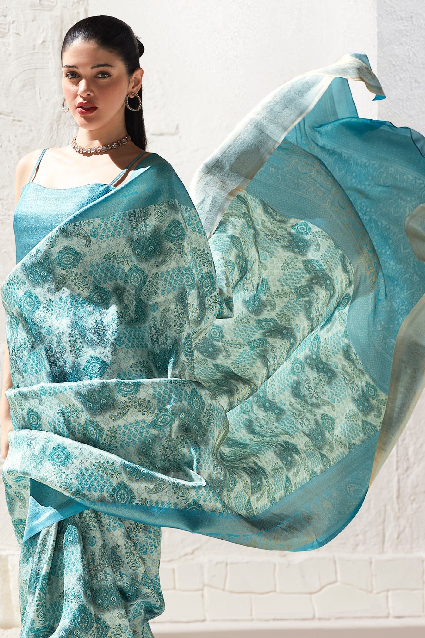 Neptune Blue Banarasi Digital Printed Saree