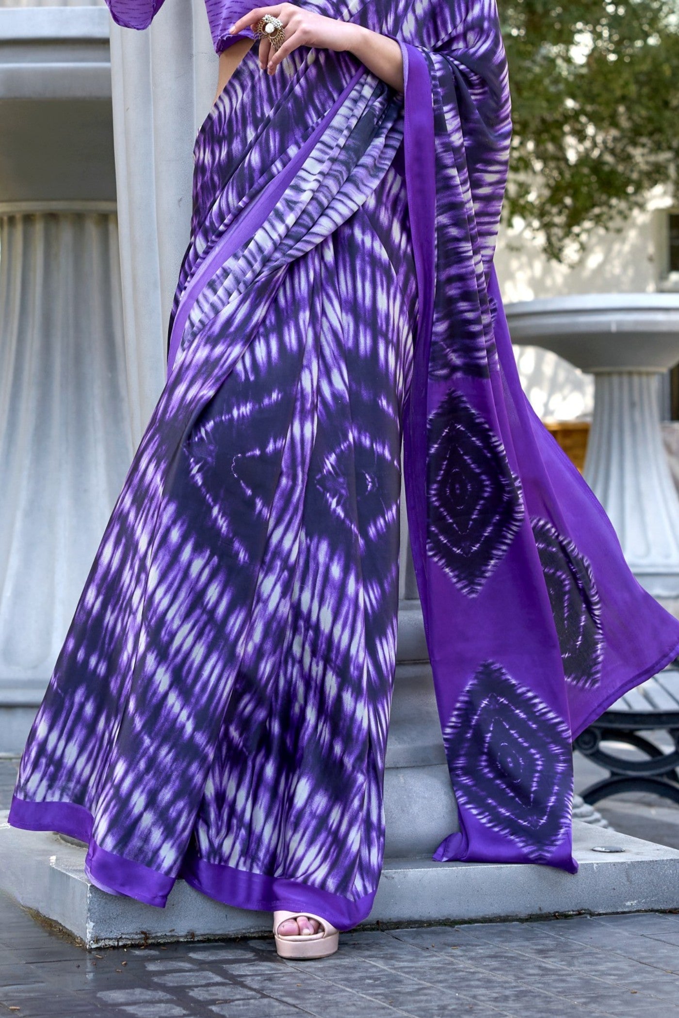 Ube Purple Printed Satin Crepe Silk Saree