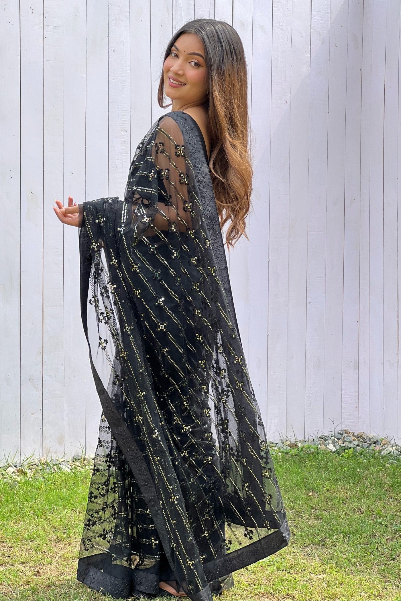 Soot Black Embroidered Partywear Saree