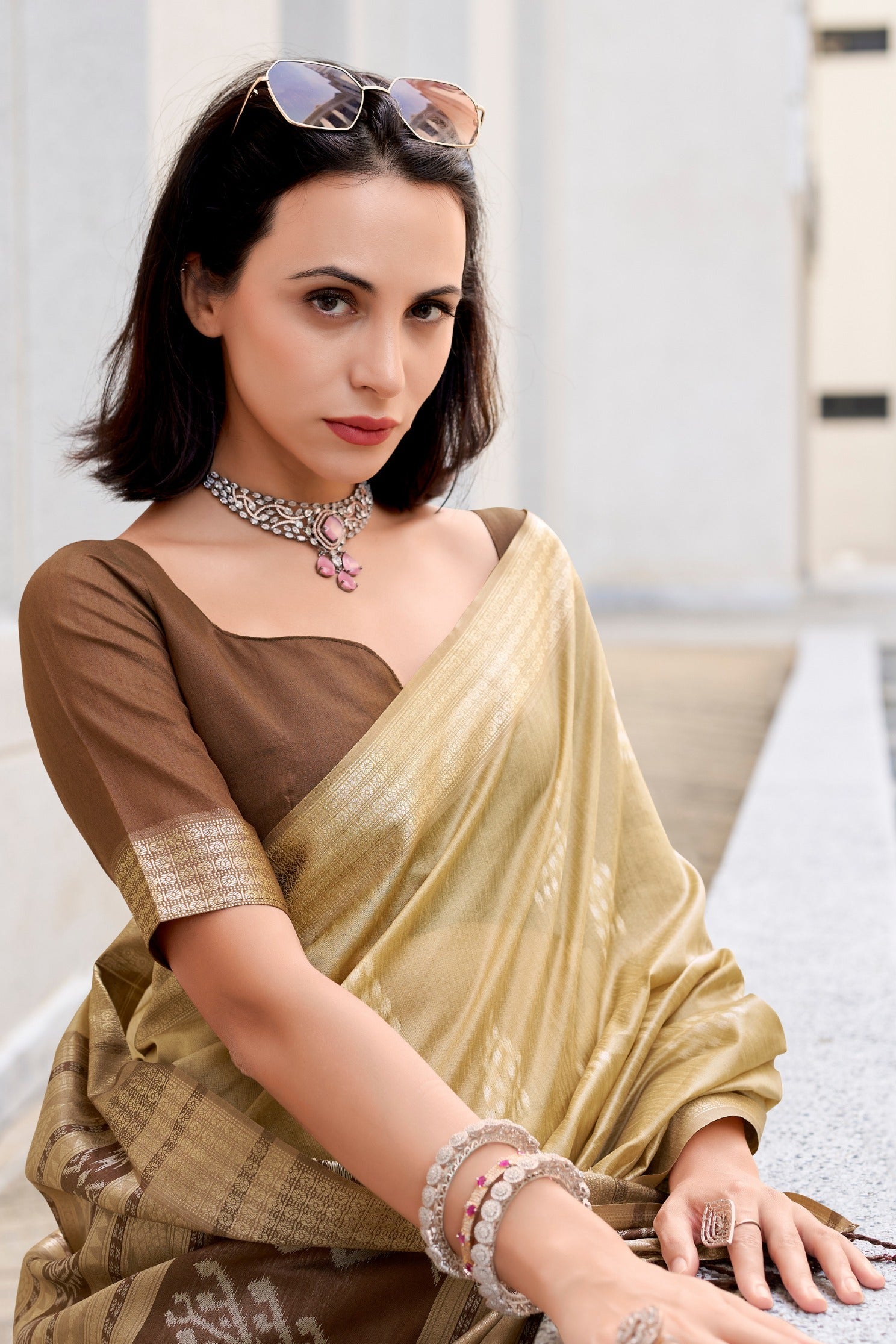 Cashew Cream Ikkat Woven Banarasi Saree