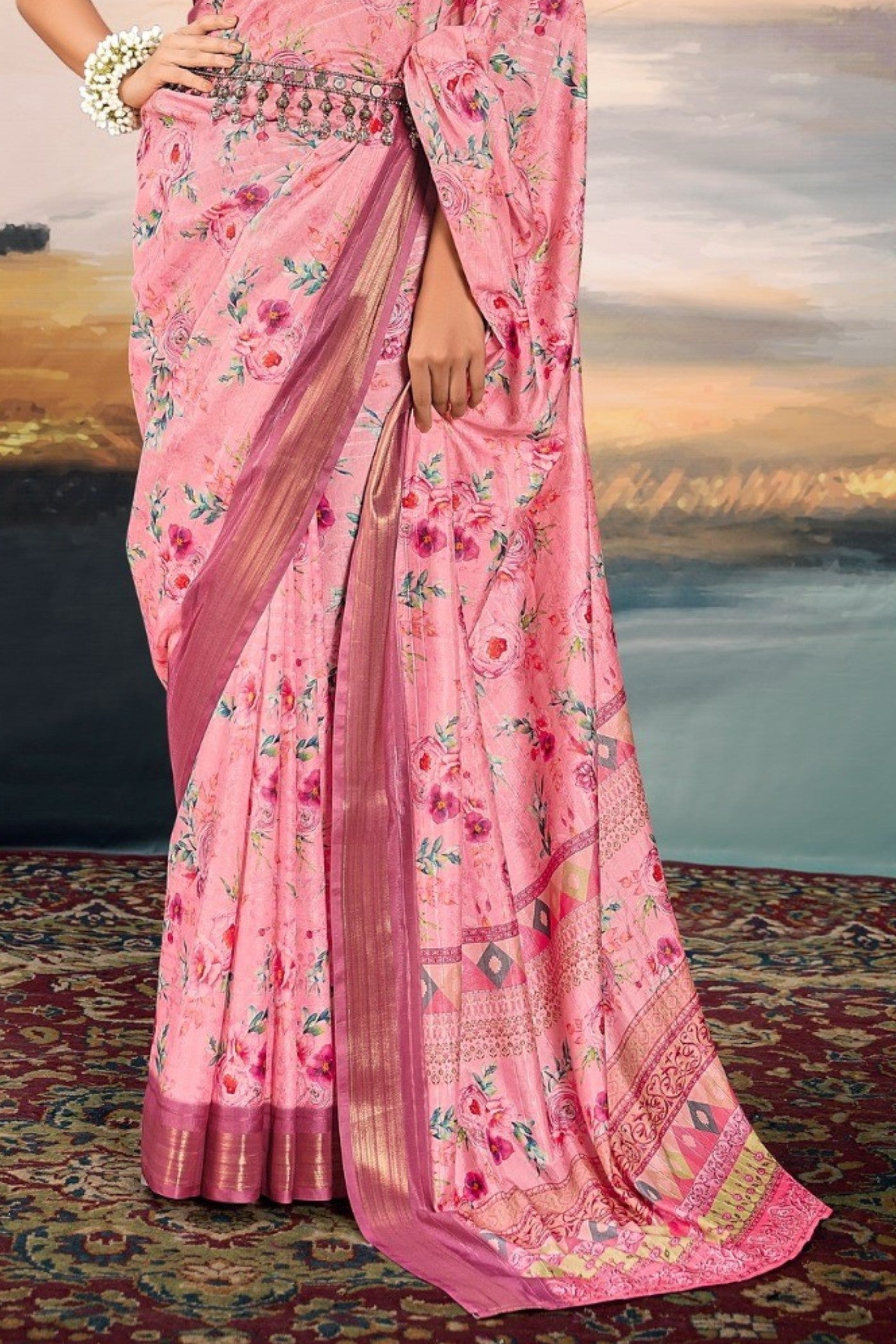 New York Pink Digital Printed Cotton Saree