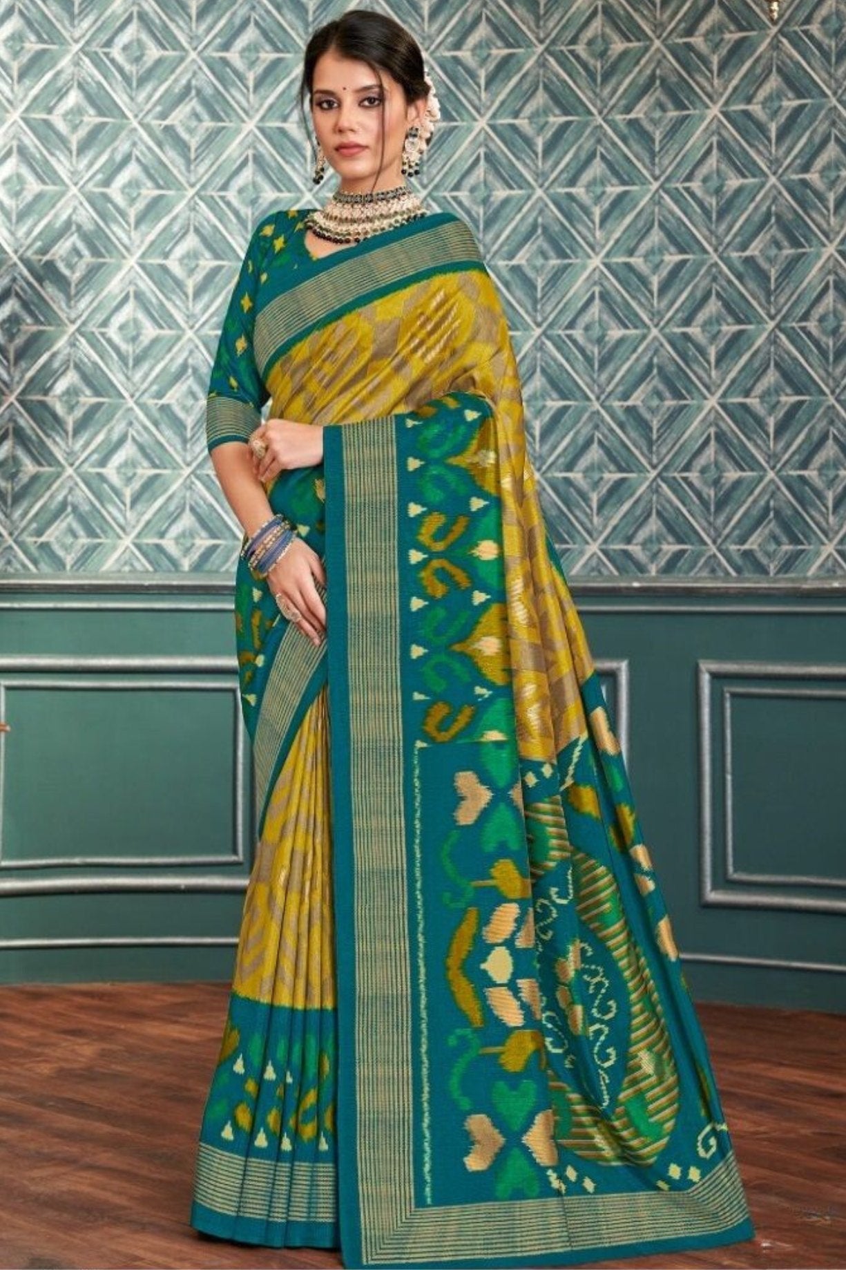 Bright Sun Yellow and Green Ikkat Patola Silk Saree