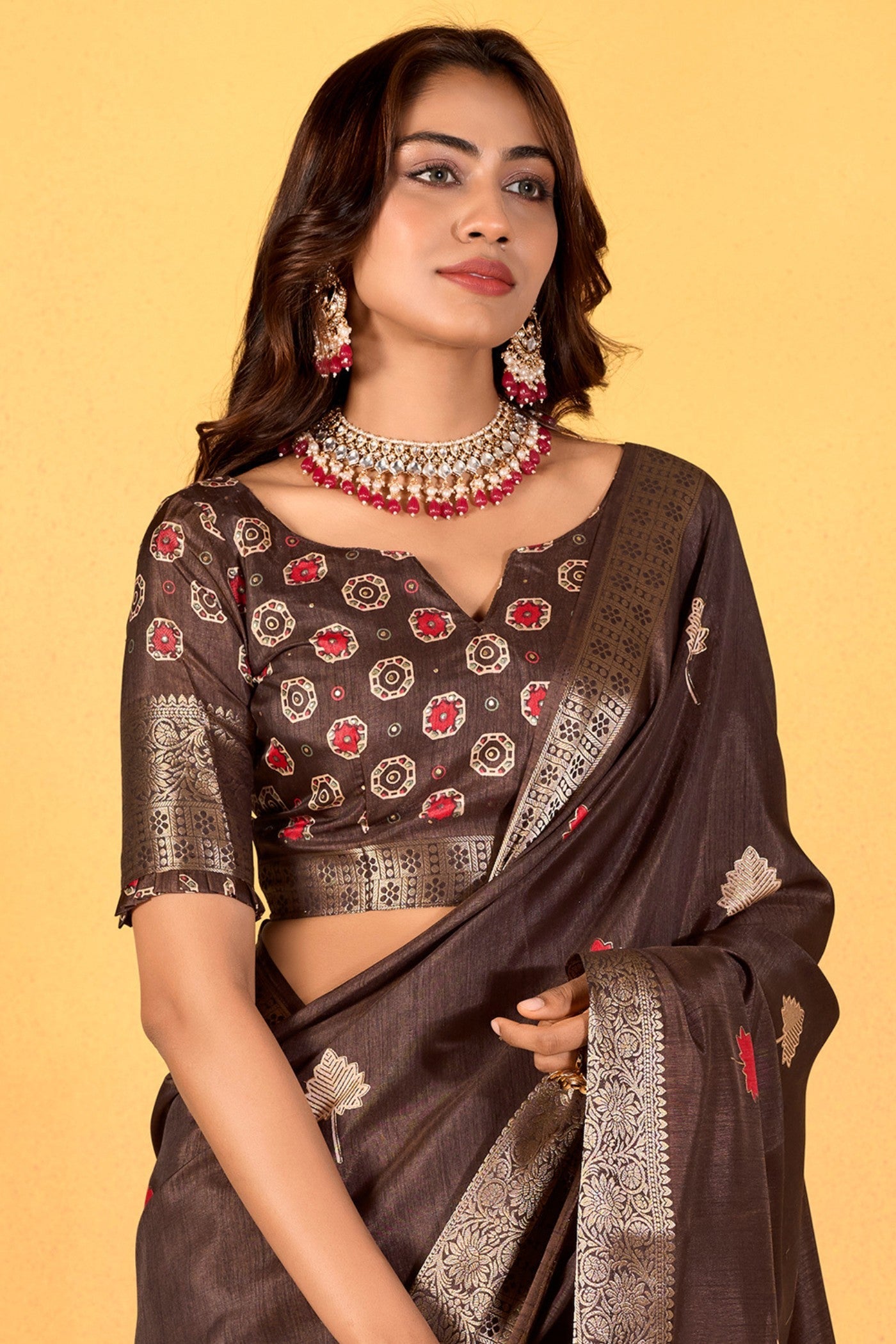 Caramel Brown Woven Dola Silk Saree