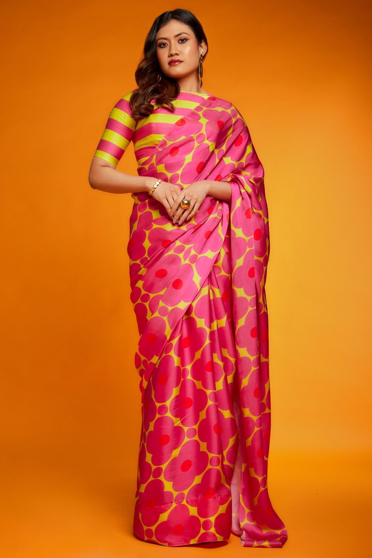 Strawberry Pink Digital Printed Satin Silk Saree