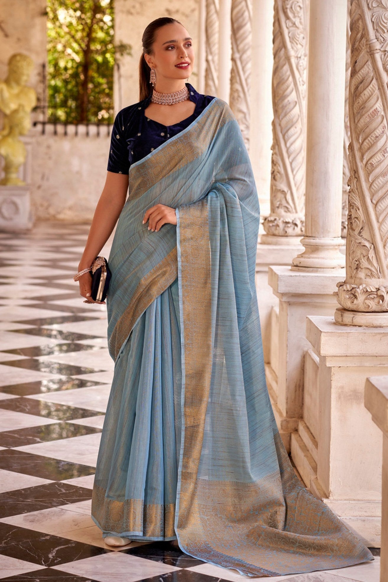 Pale Sky Blue Zari Woven Linen Saree