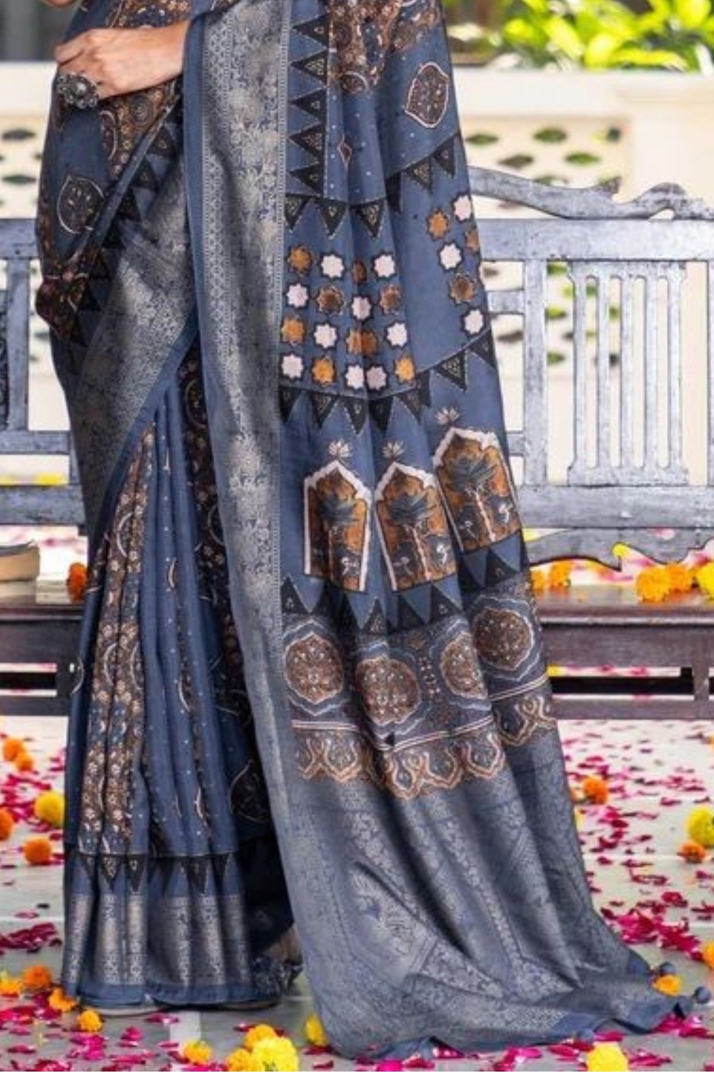 Cloudy Grey Ajrakh Digital Printed Satin Saree