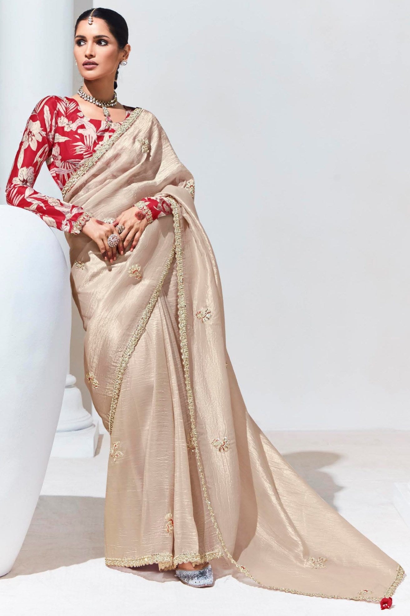 Vanila Cream Tissue Organza Designer Partywear Saree