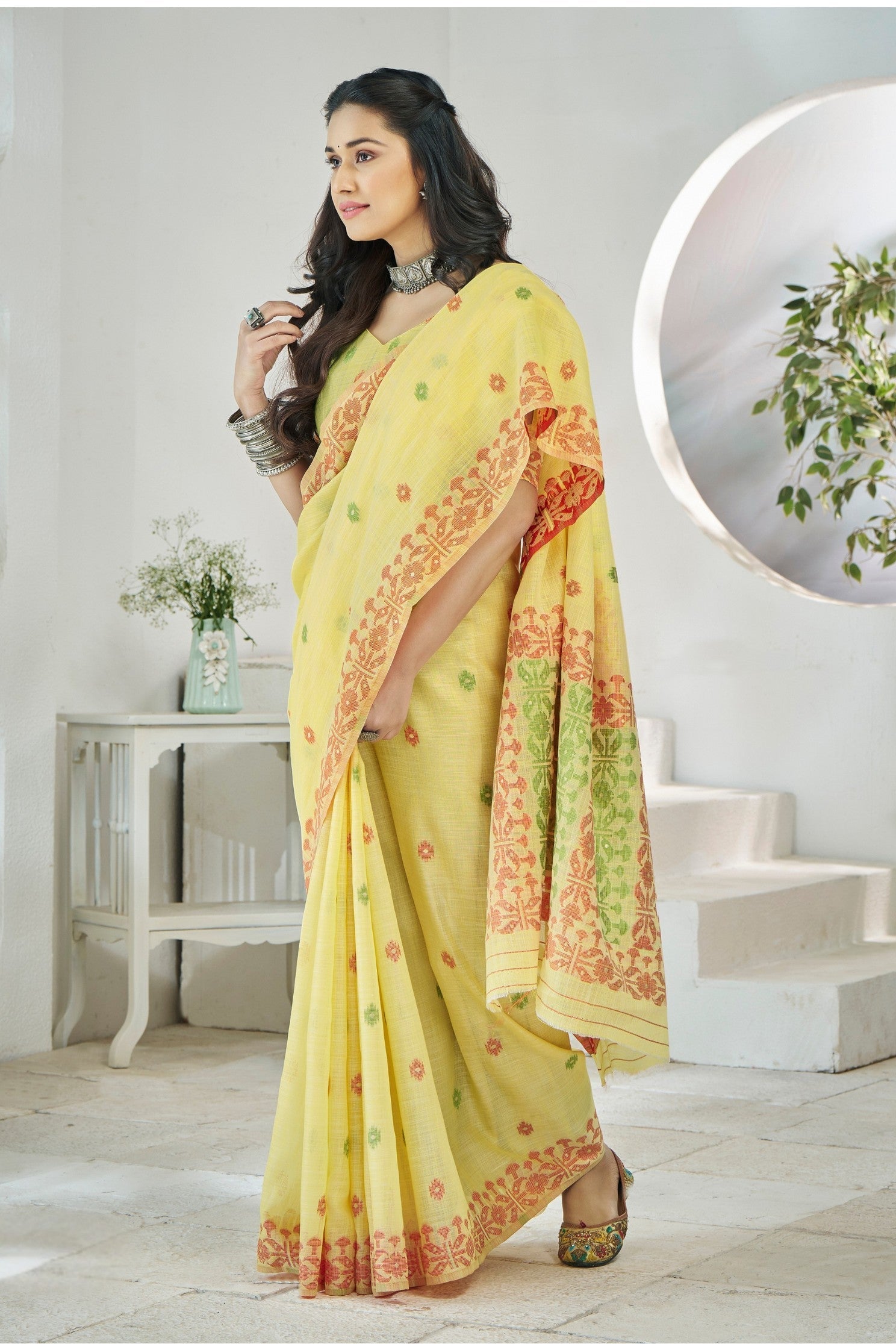 Laser Yellow Woven Linen Saree