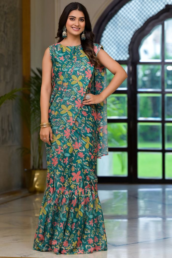 Summer Green Ready To Wear Gown Style Georgette Saree