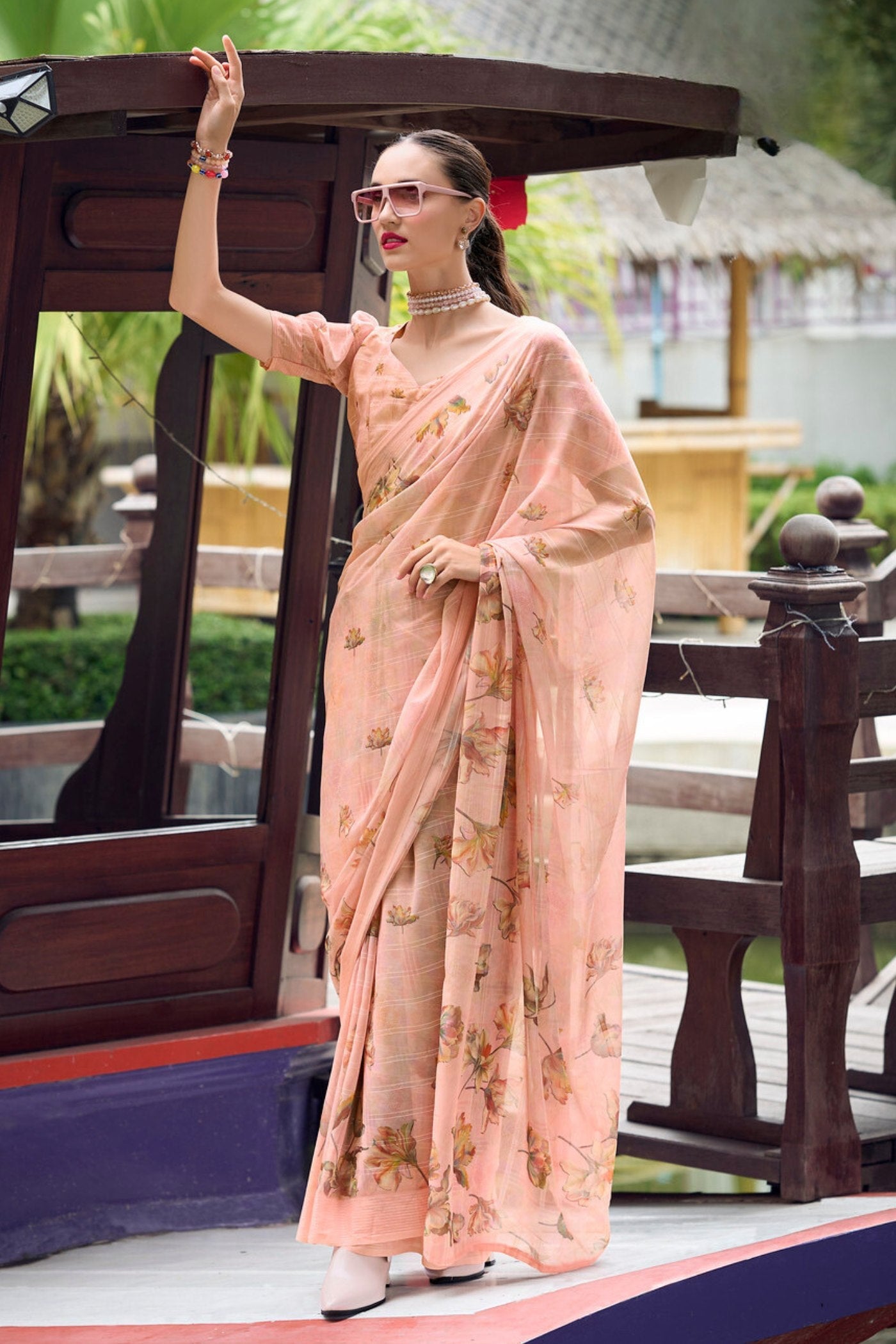 Wax Flower Peach Chiffon Silk Saree