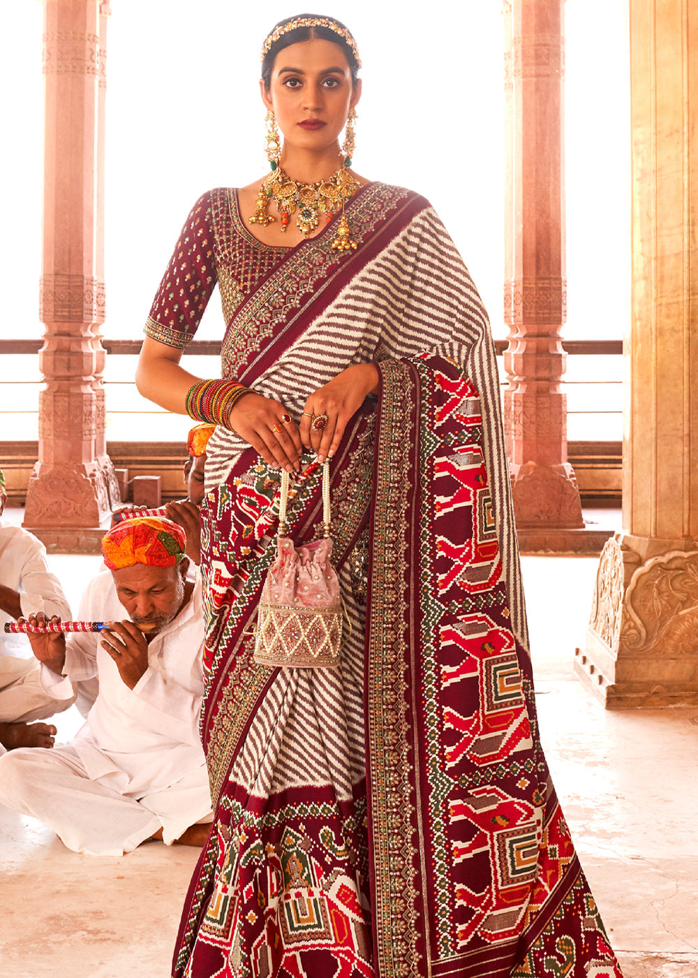 Burgundy Red and White Woven Patola Saree