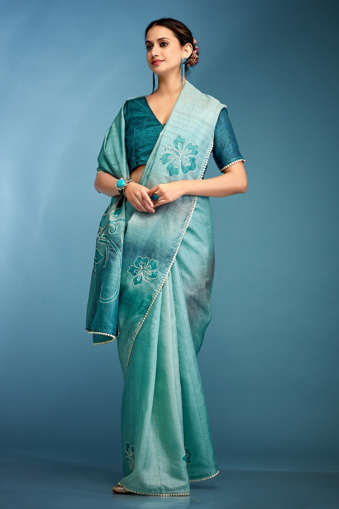 Blue Flax Designer Tussar Silk Saree