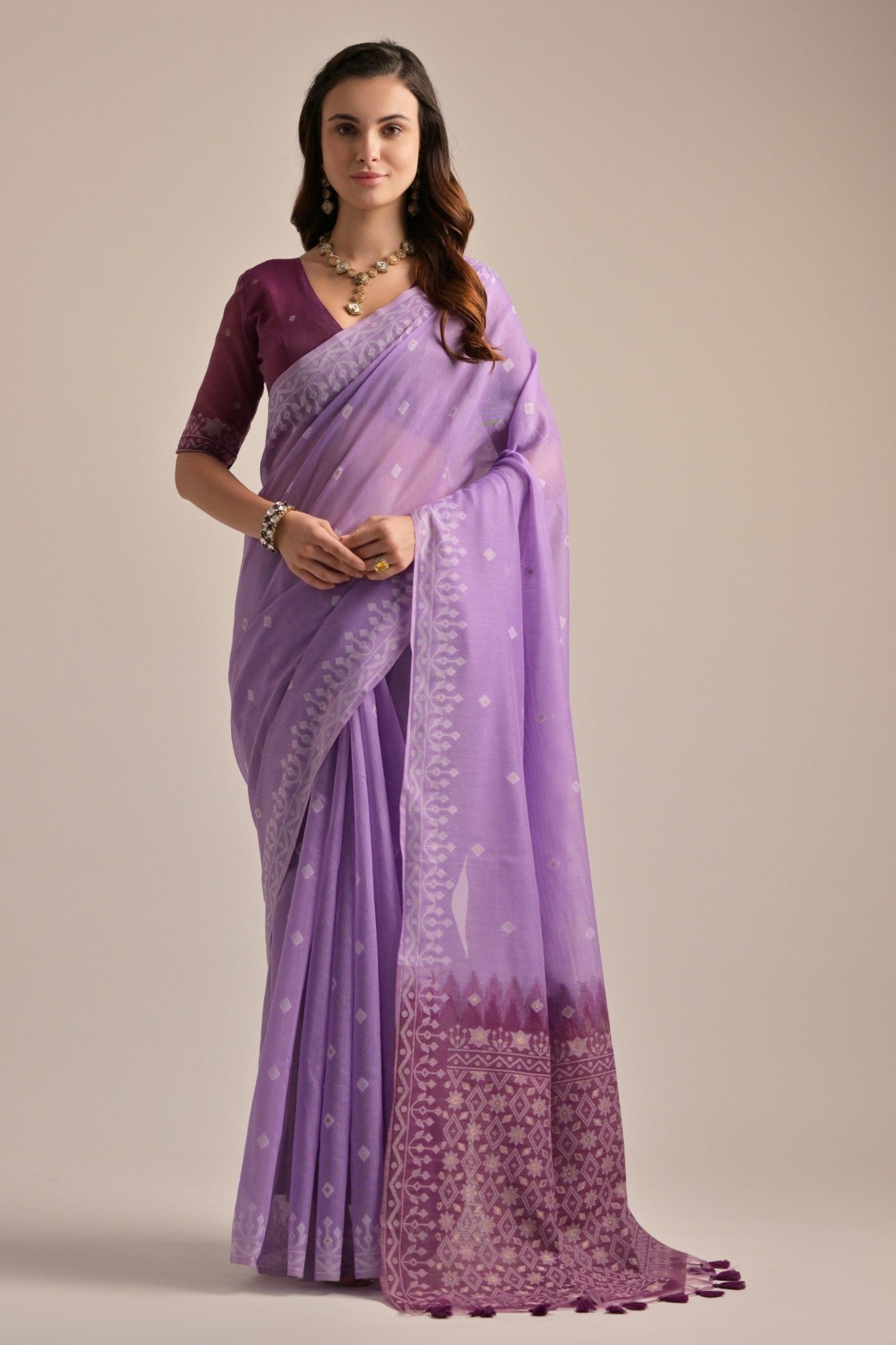 Trendy Purple Lucknowi Woven Muga Cotton Saree