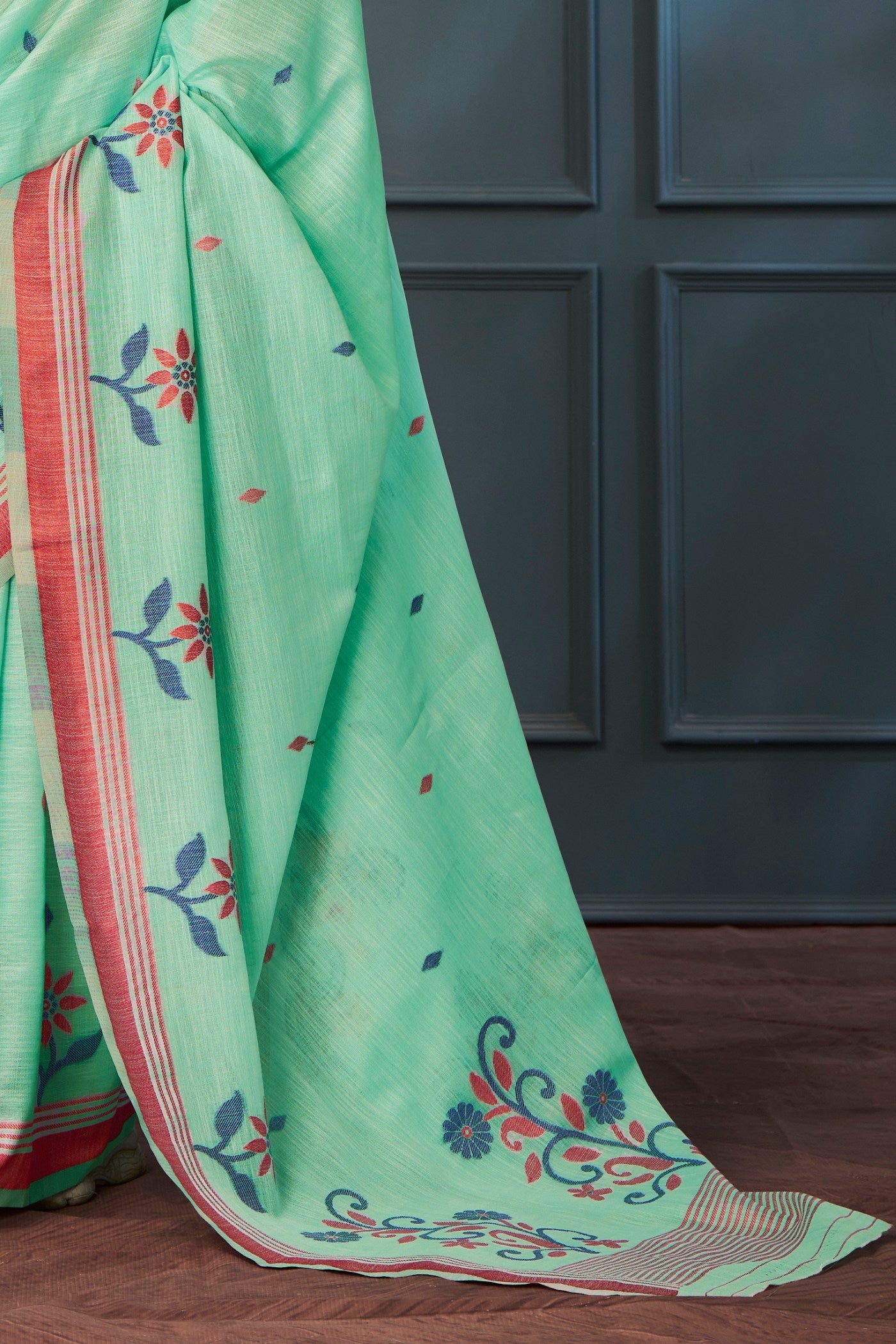 Vista Green Handloom Linen Saree