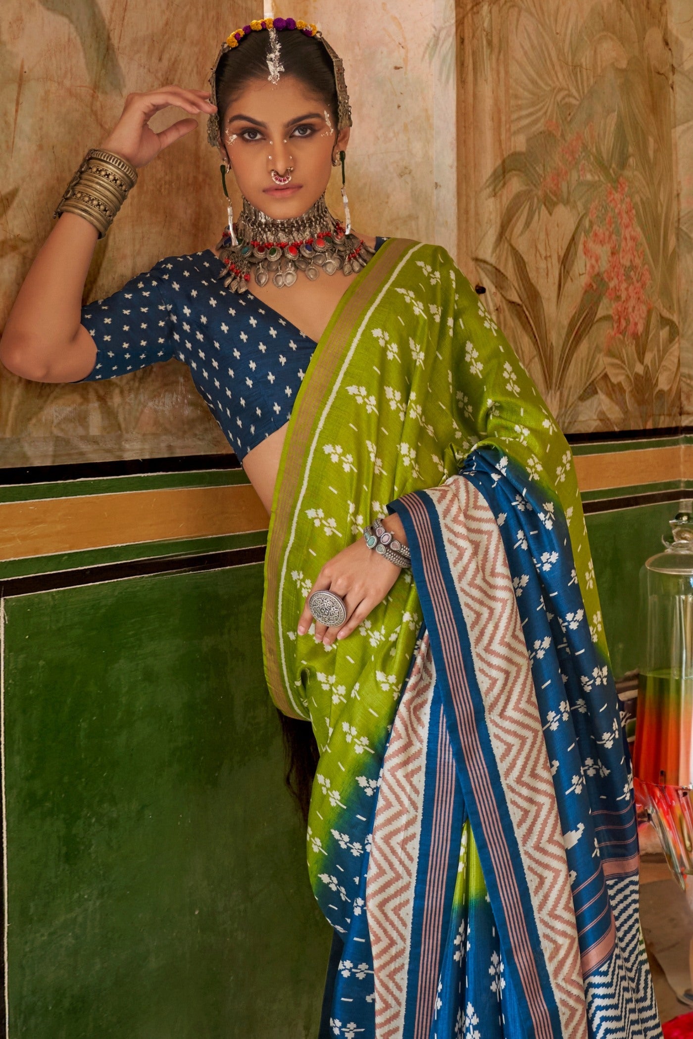 Pine Yellow and Blue Printed Patola Saree