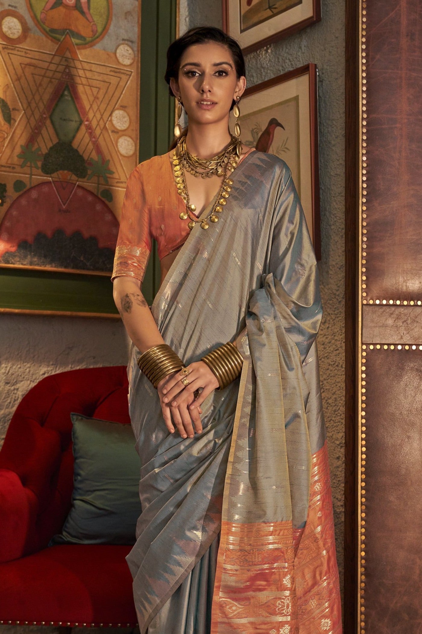 Cloudy Grey Woven Linen Saree