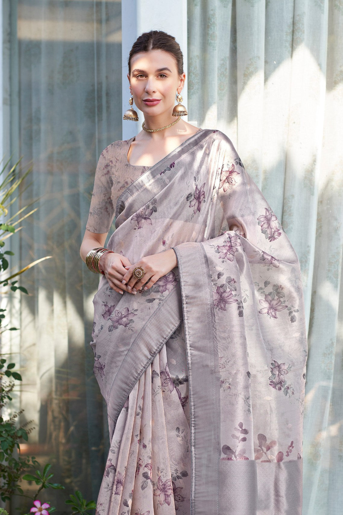 Twilight Grey Digital Printed Organza Saree