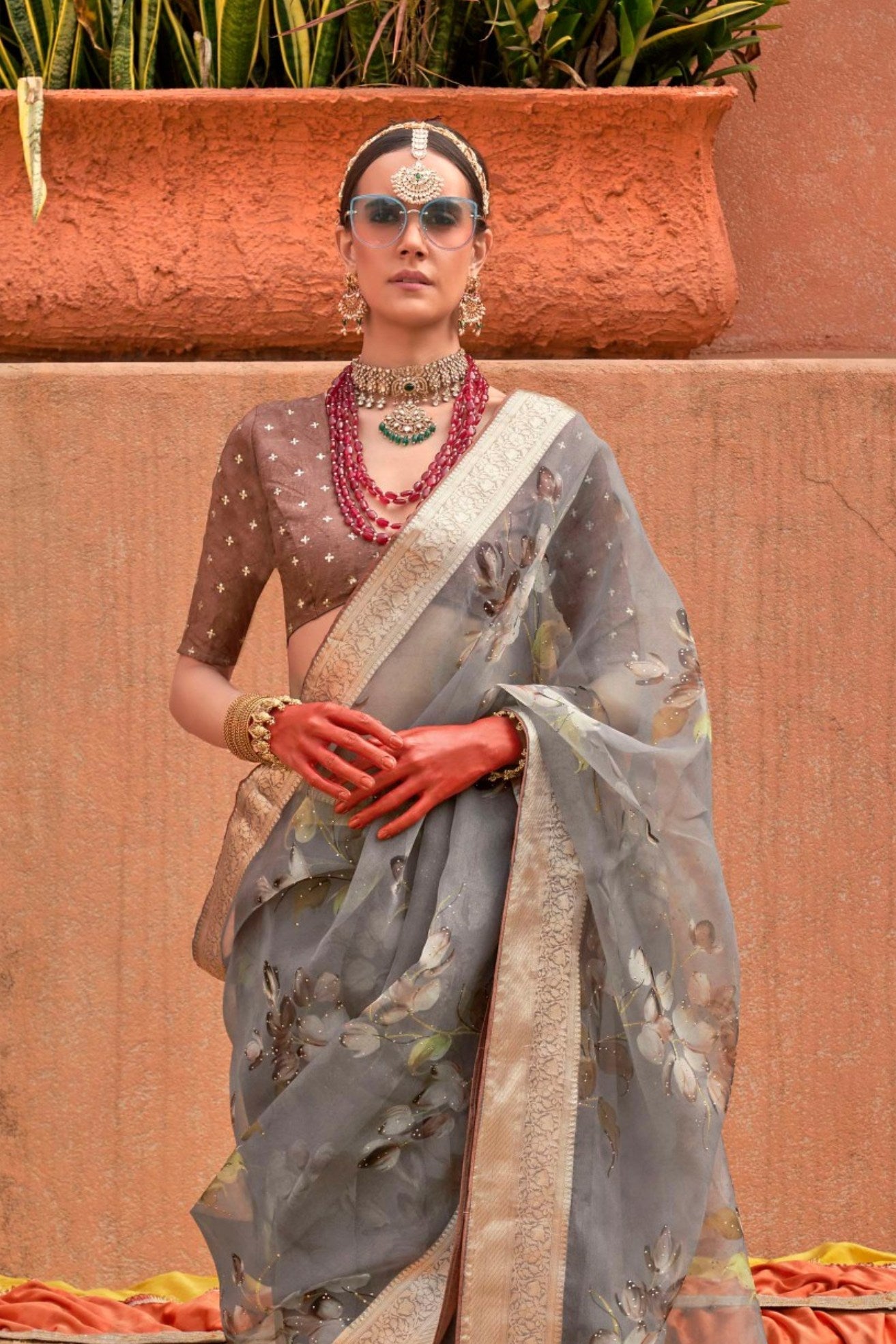 Sandstone Grey Zari Woven Organza Saree