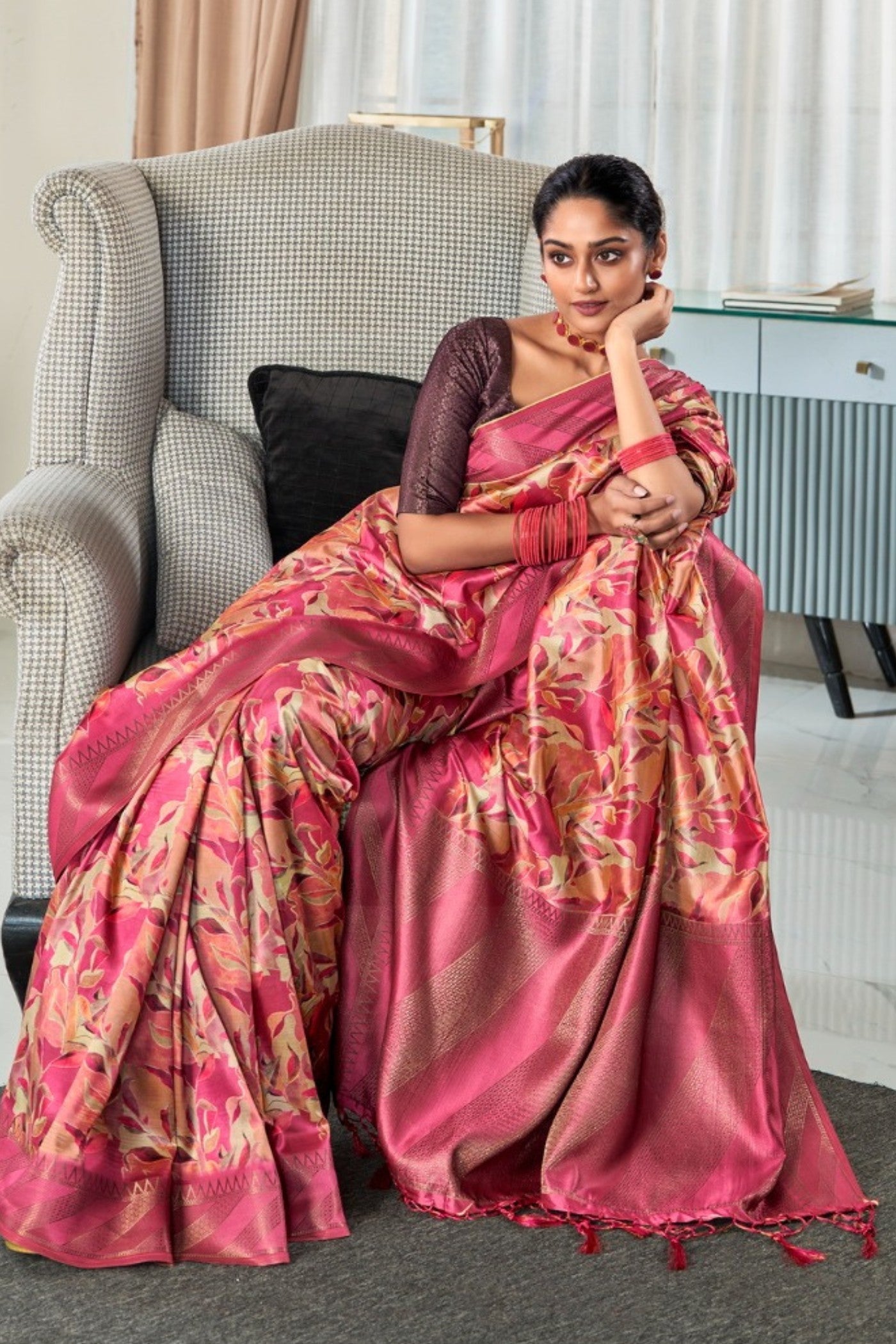 Stiletto Pink Digital Printed Banarasi Saree