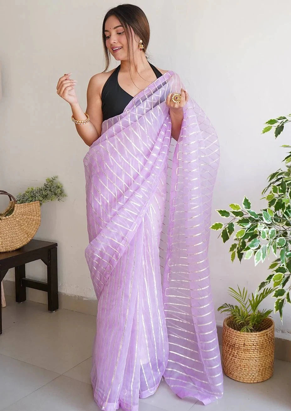 Soft Refined Organza Silk Saree With Silver Gota Work