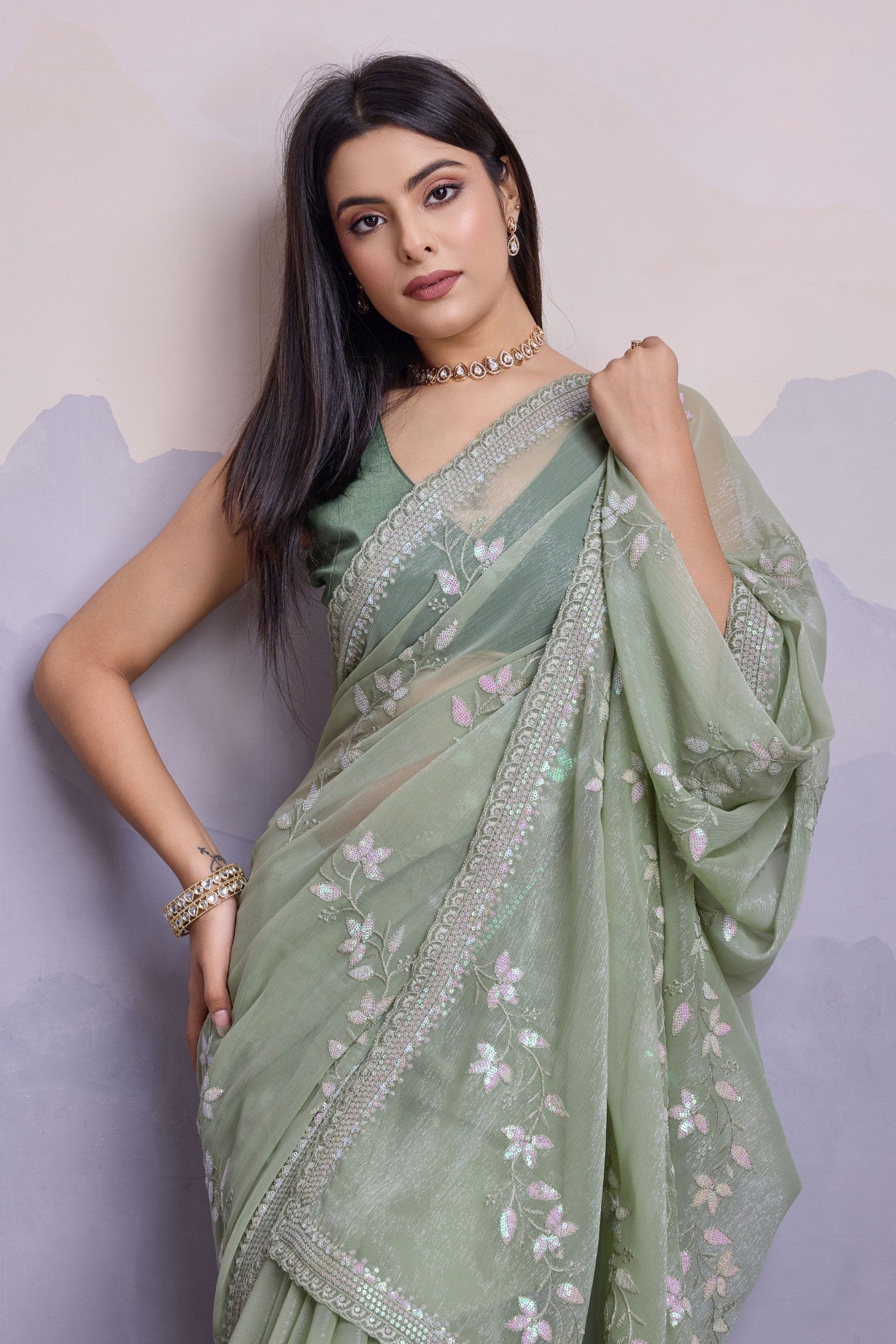 Pastel Green Embroidered Designer Chiffon Saree