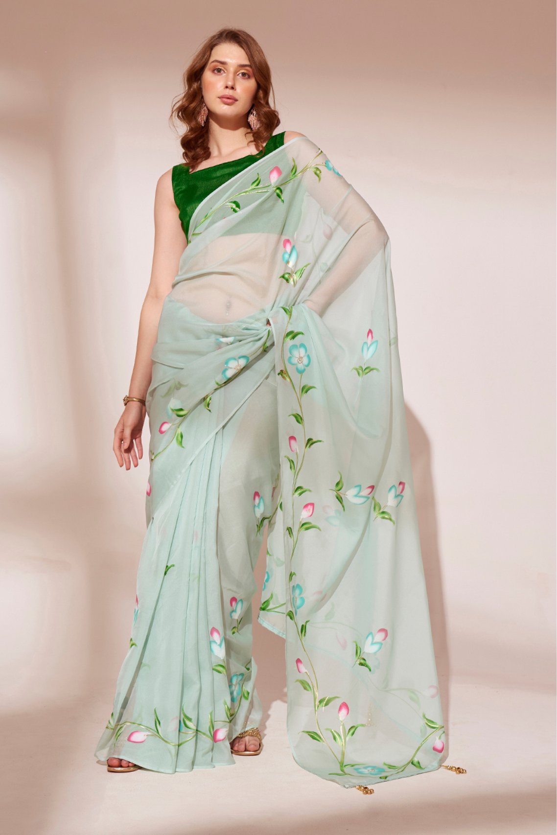 Pewter Green Printed Organza Saree