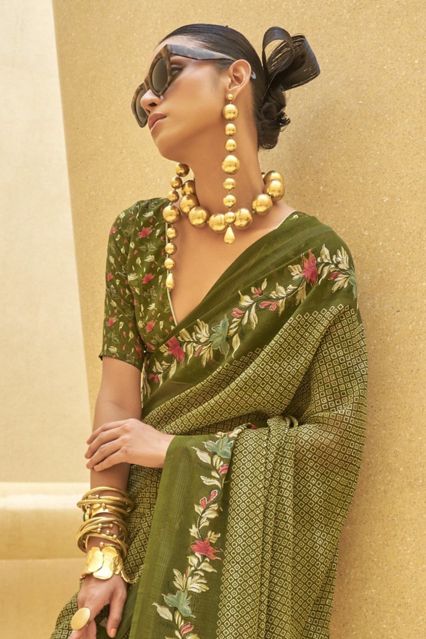 Pine Green Georgette Printed Saree