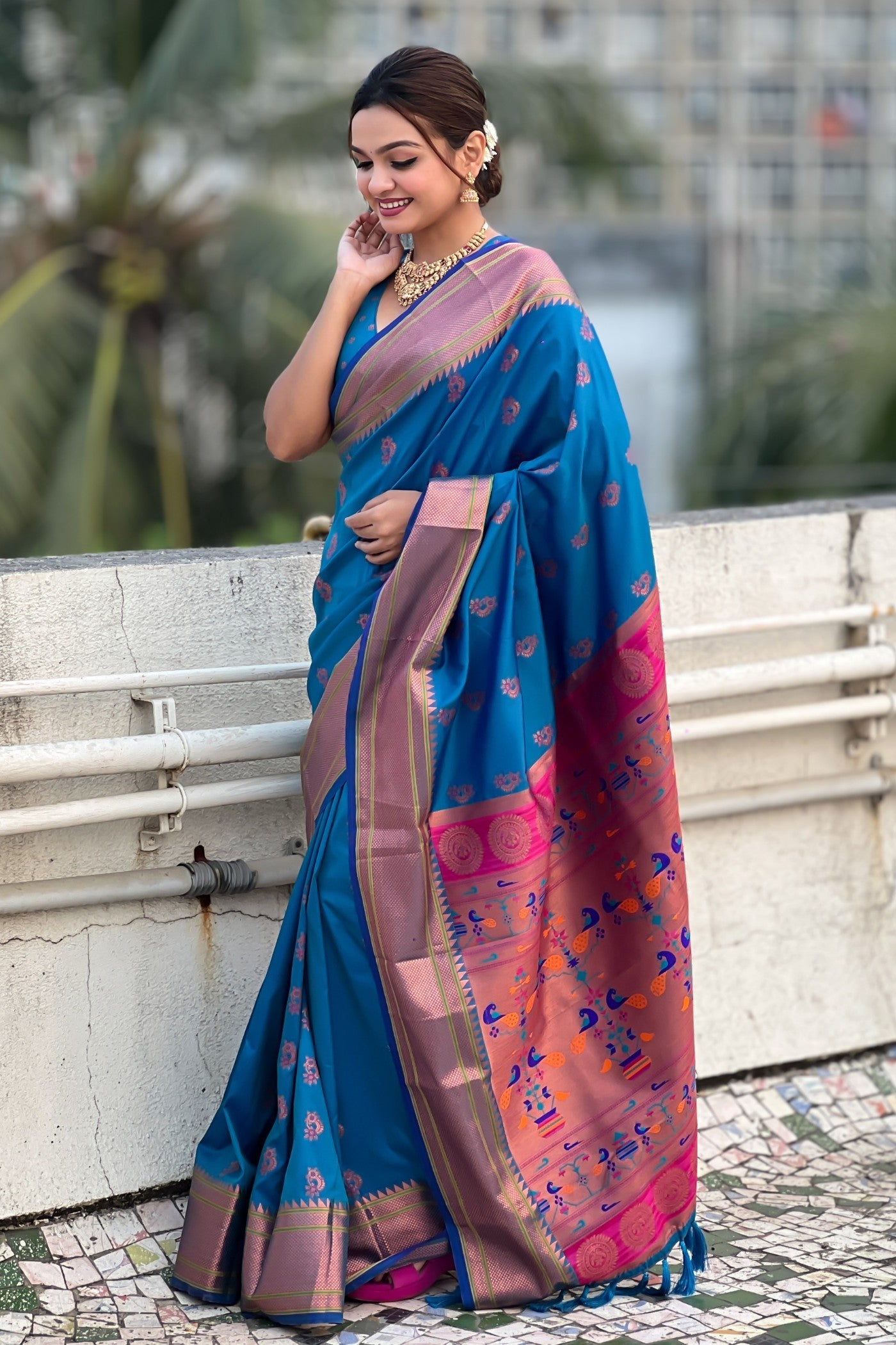 Congress Blue Zari Woven Nath Paithani Saree