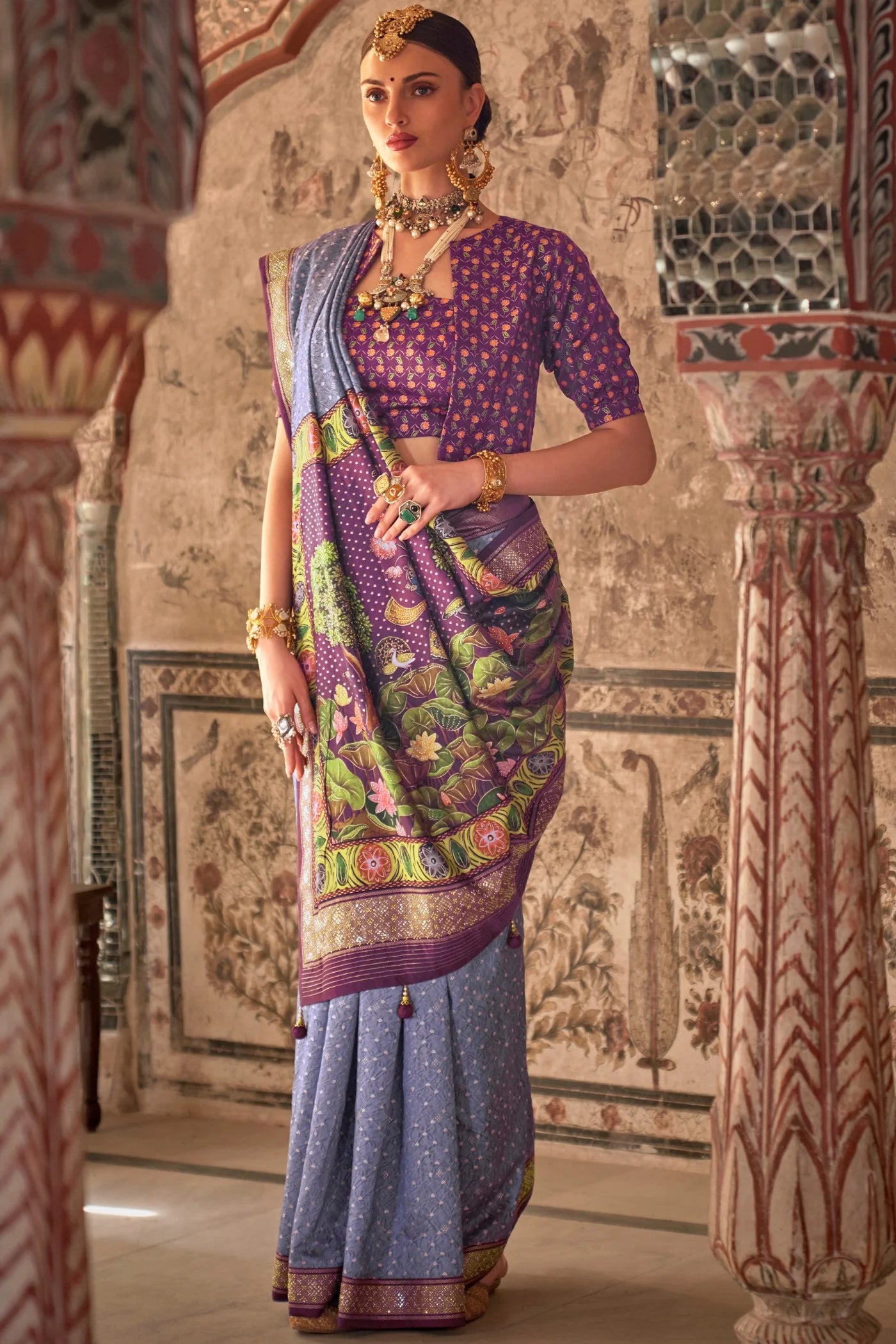 Premium Periwinkle Purple Printed Patola Saree