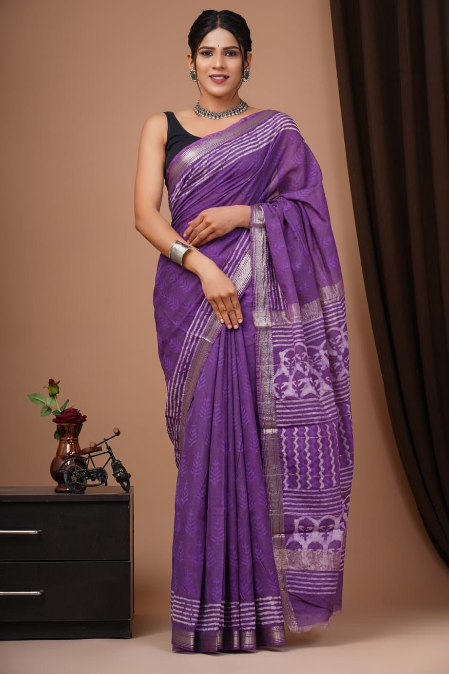 Affair Purple Handblock Kota Doriya Saree