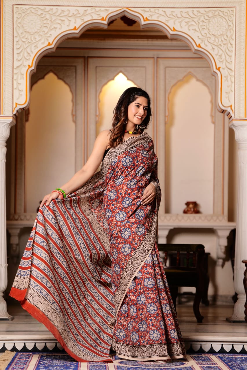 Quicksand Brown Pure Cotton Handblock Printed Saree