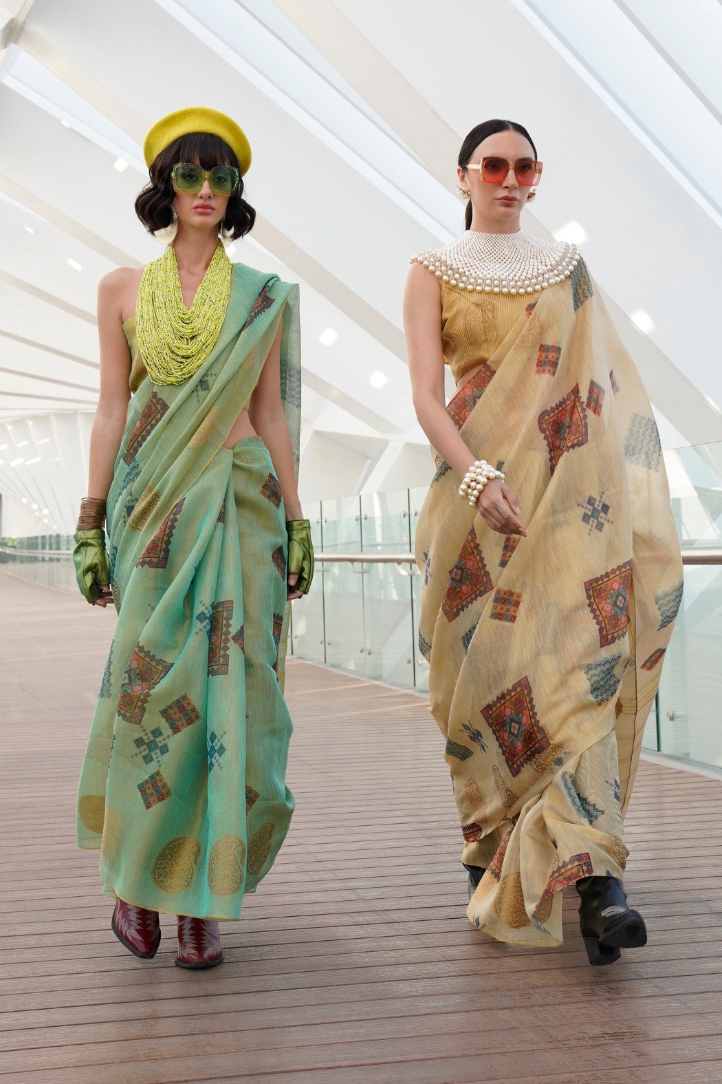 Yuma Green Printed Handloom Zari Tissue Saree