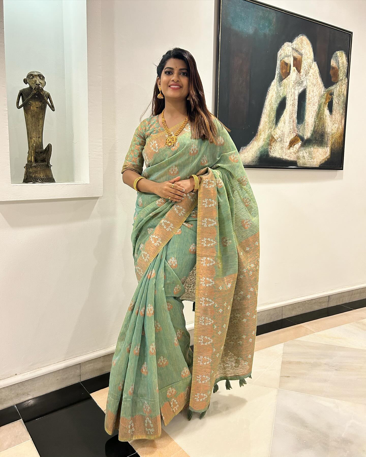 Limed Ash Green Bronze Zari Woven Linen Silk Saree