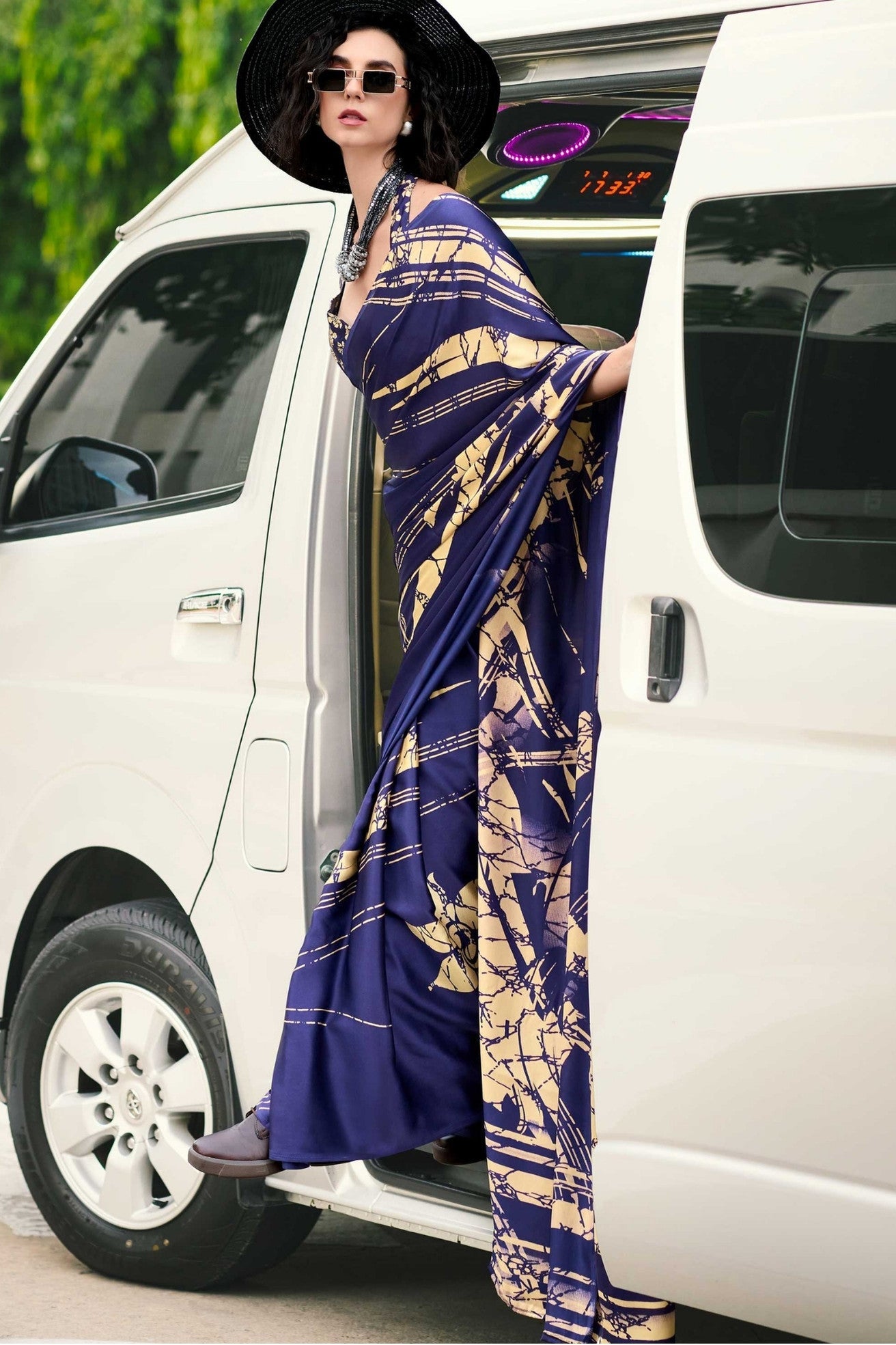 Azure Blue Printed Satin Crepe Saree