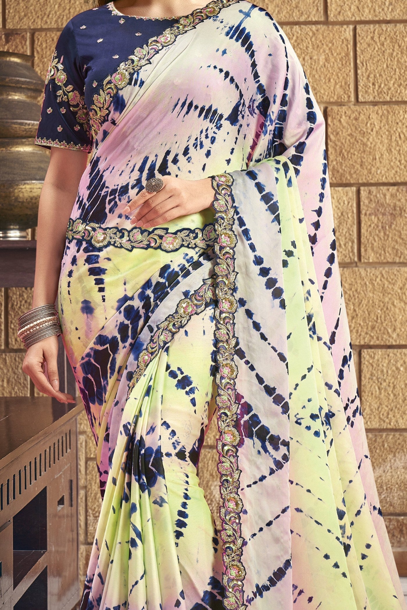 Cupid Pink and Yellow Georgette Printed Silk Saree