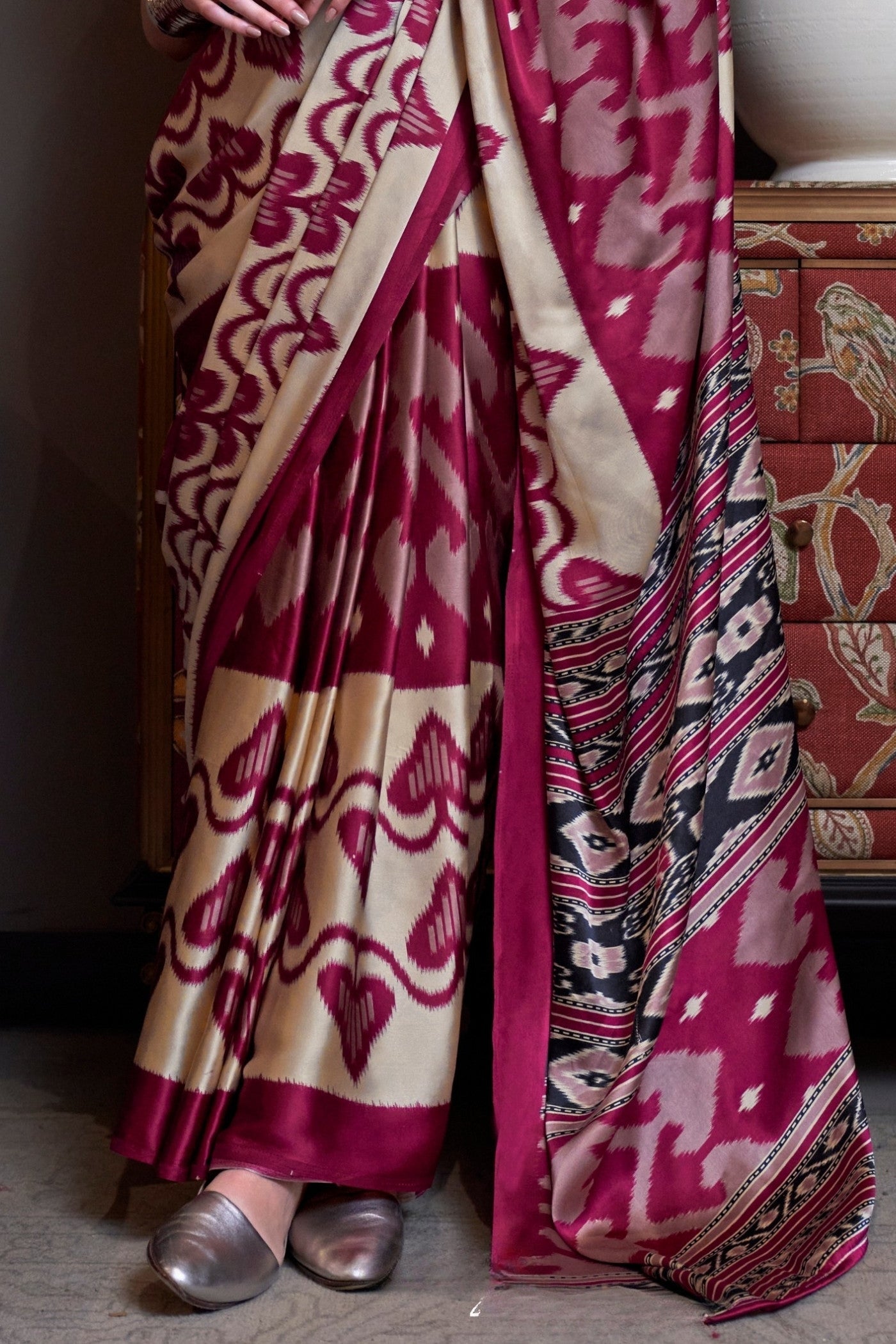 Aesthetic Maroon Patola Printed Satin Crepe Saree